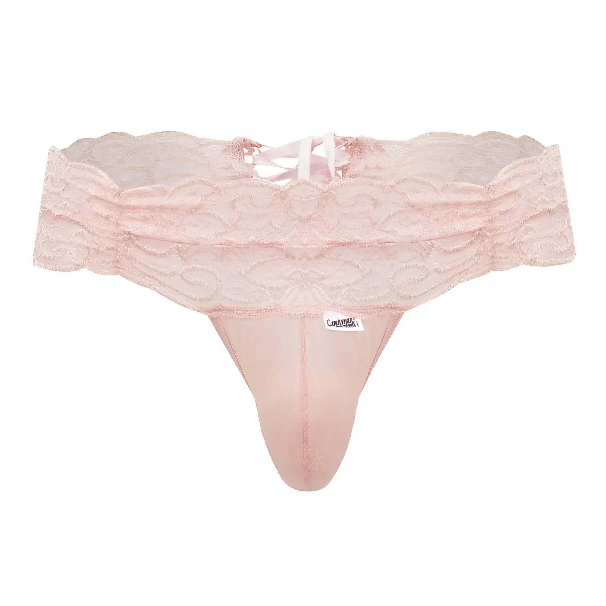 A delicate pink rose lace thong with scalloped edges and matching satin-like fabric from CandyMan 99595 collection