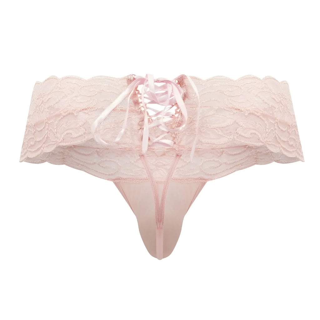 CandyMan 99595 lace thong in rose with delicate scalloped edge and matching satin ribbon lacing front view