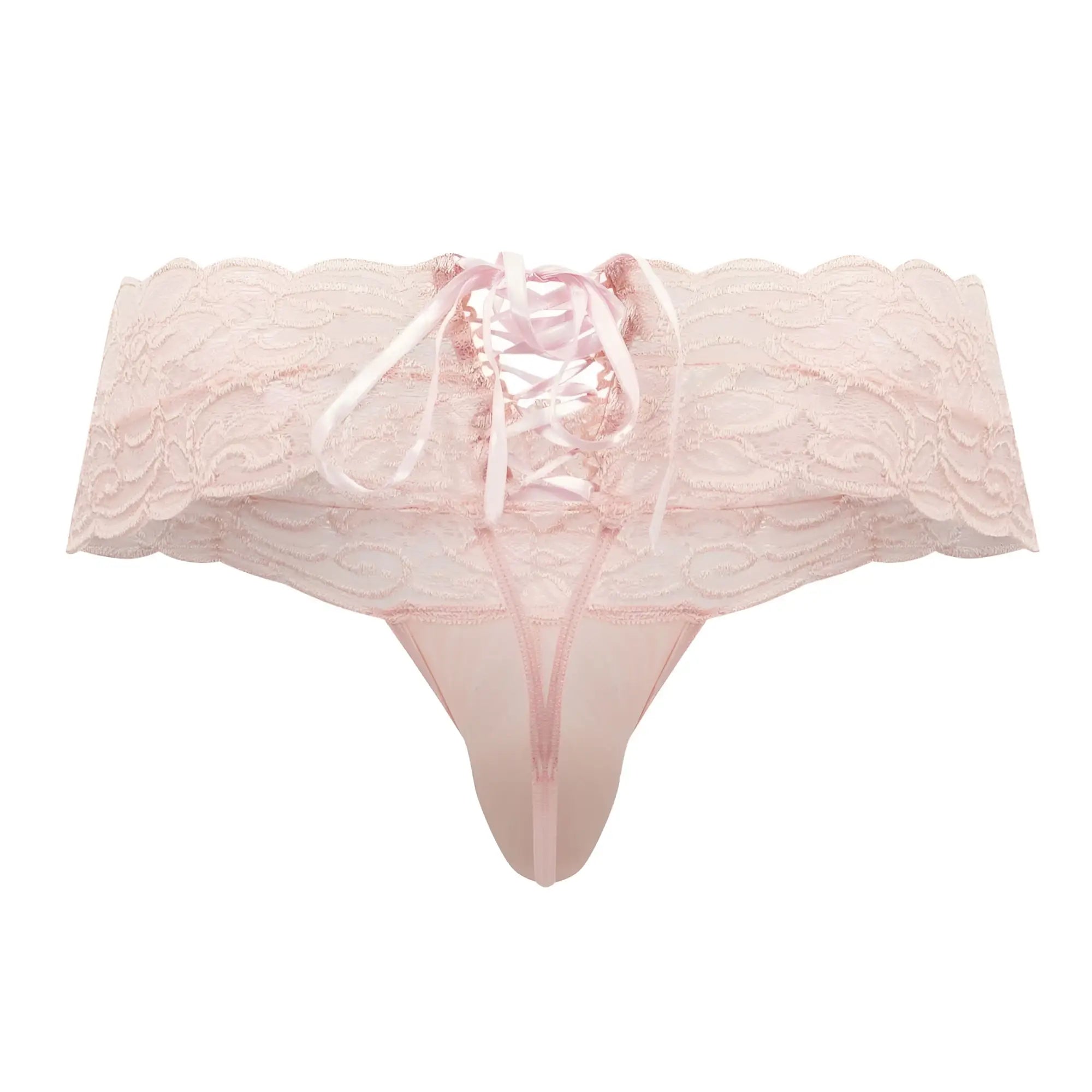 CandyMan 99595 lace thong in rose with delicate scalloped edge and matching satin ribbon lacing front view