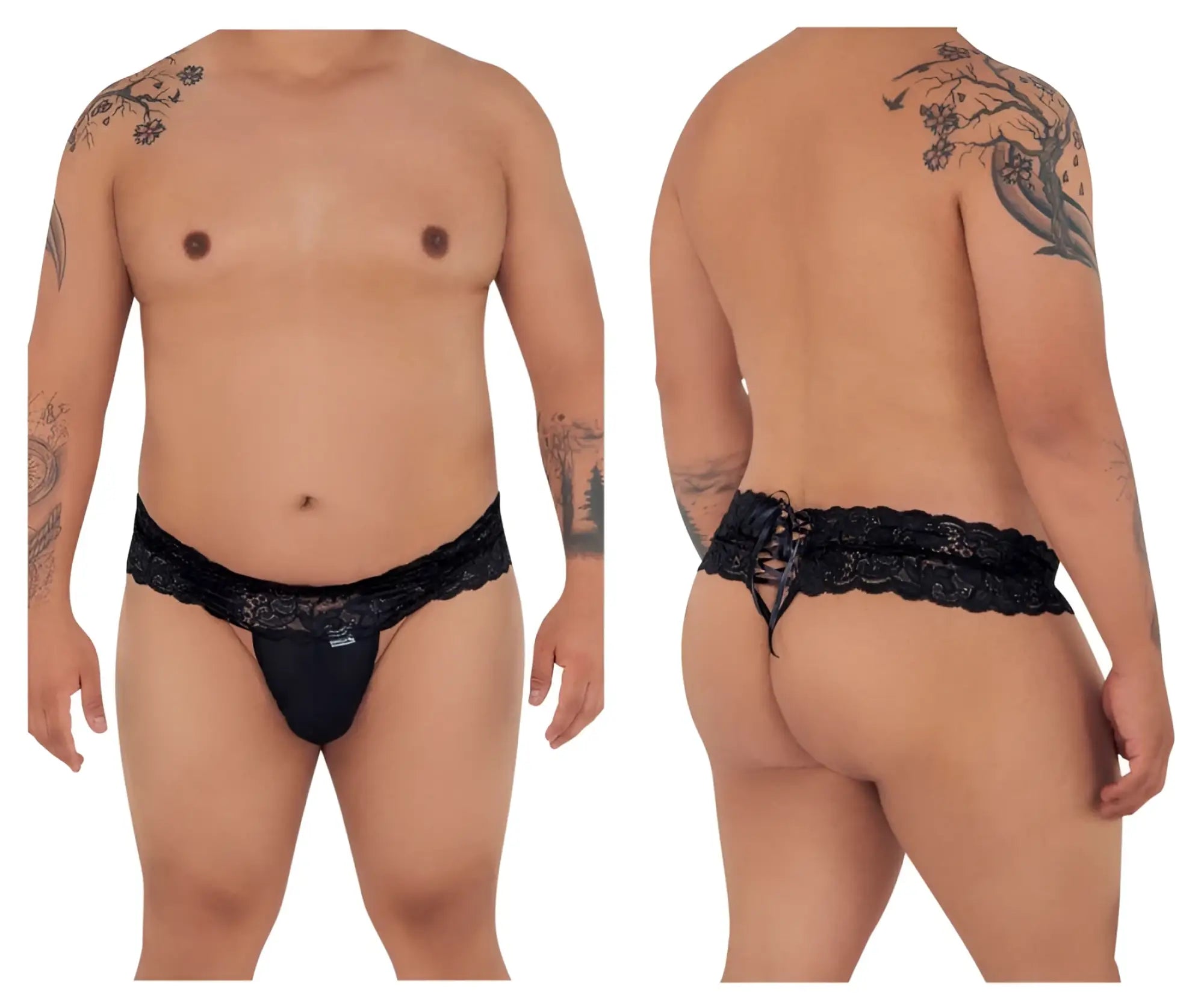 Black lace thong candyMan 99595X with scalloped edge and adjustable tie-back design showing back side