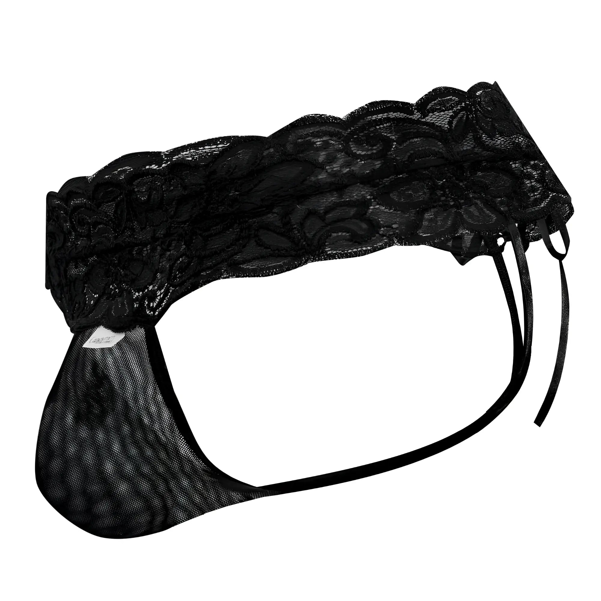Black lace thong with floral pattern and mesh fabric candyMan 99595X lace thong in black color
