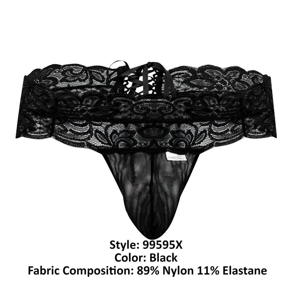 Black candyMan 99595X lace thong with intricate floral patterns and a mesh front panel
