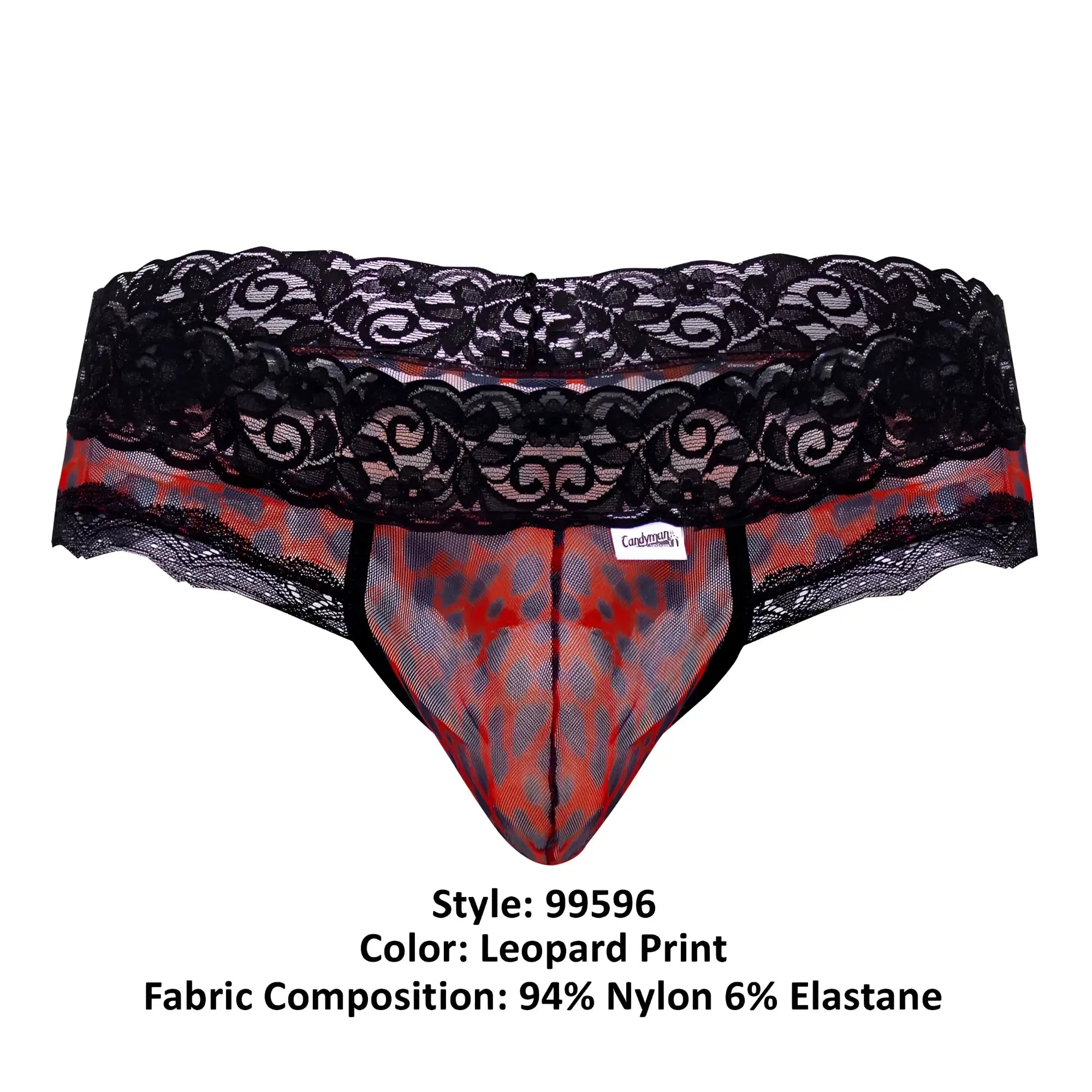 Black lace-trimmed men’s briefs with red and gray leopard print mesh interior by CandyMan 99596 Mesh-Lace Thongs
