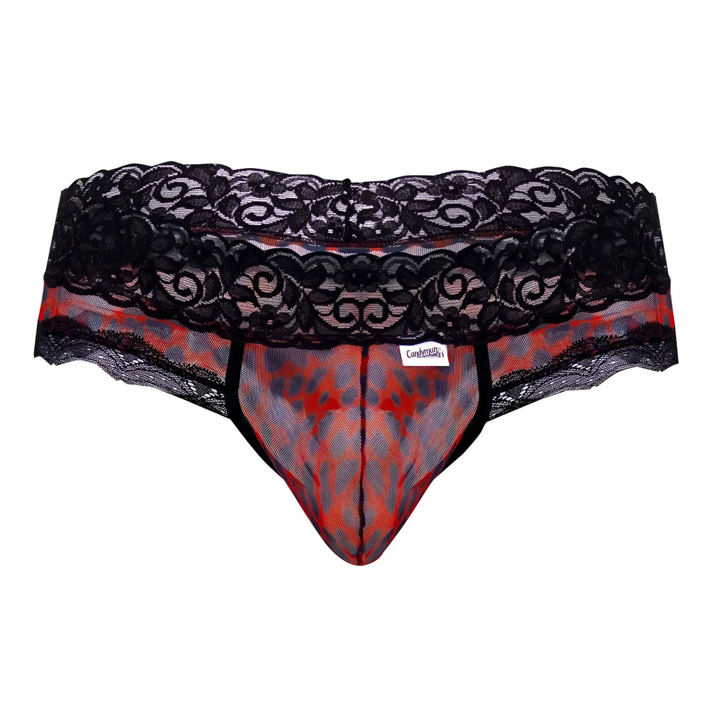 CandyMan 99596 men’s thong in black lace trim with sheer red and gray leopard print mesh front detail