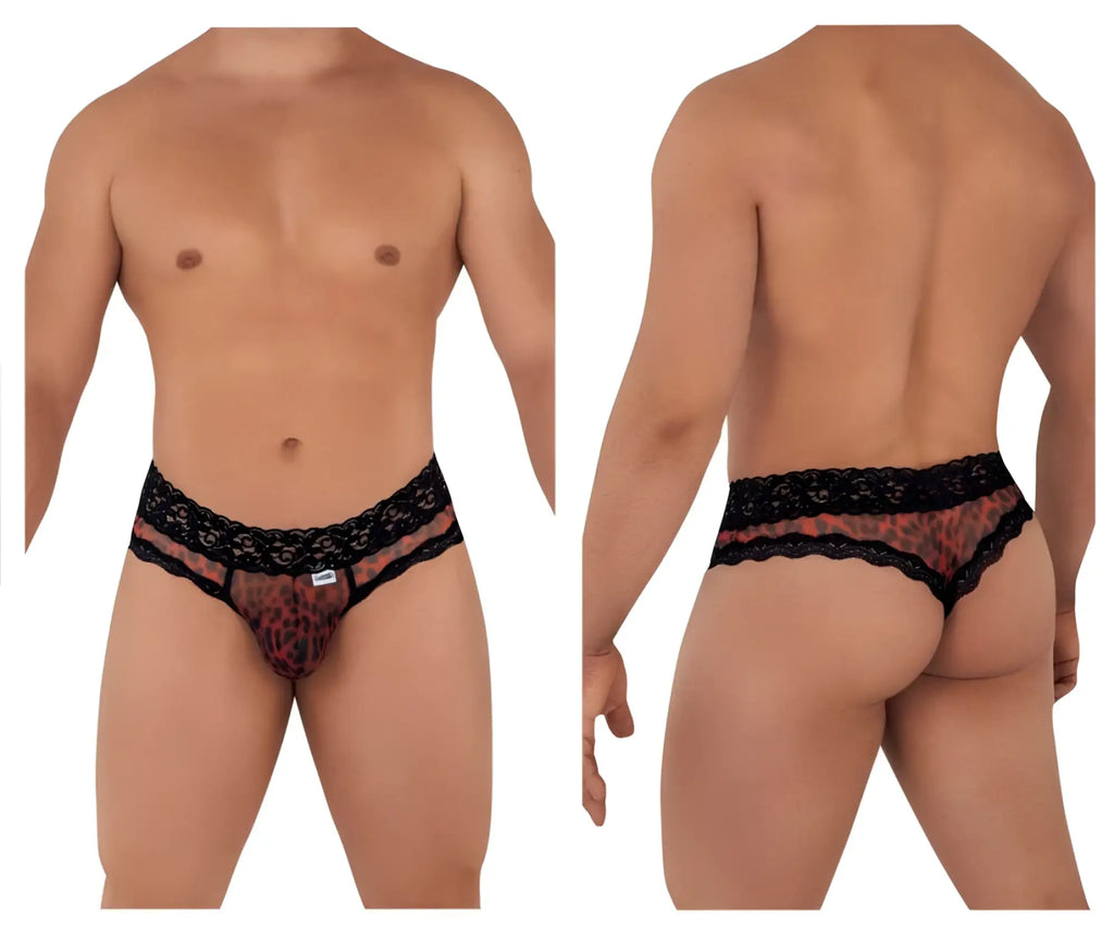 Black lace-trimmed leopard print mesh-lace thong from candyman 99596 shown from the back