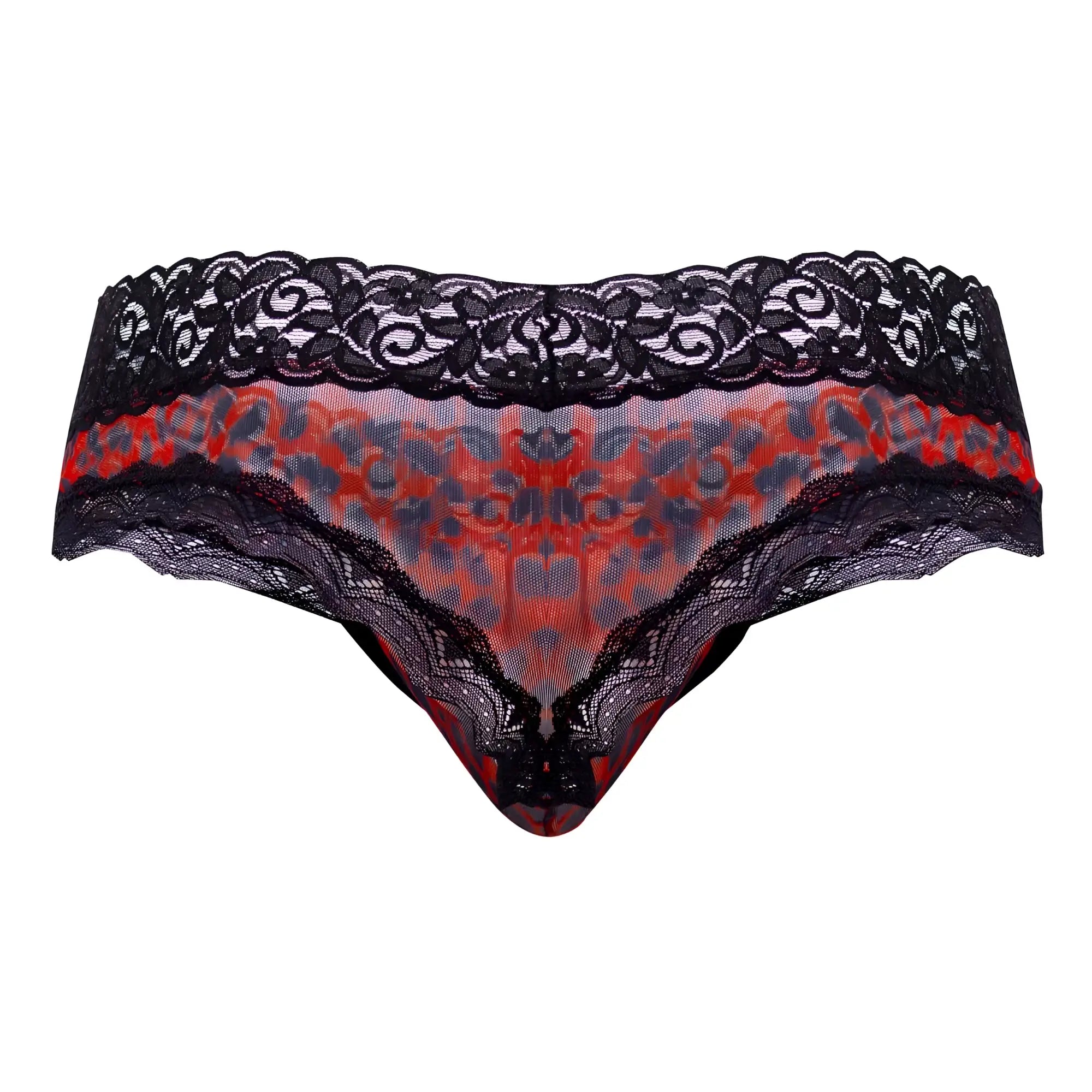 Black lace-trimmed CandyMan 99596 mesh-lace thong with vibrant red and gray leopard print mesh center