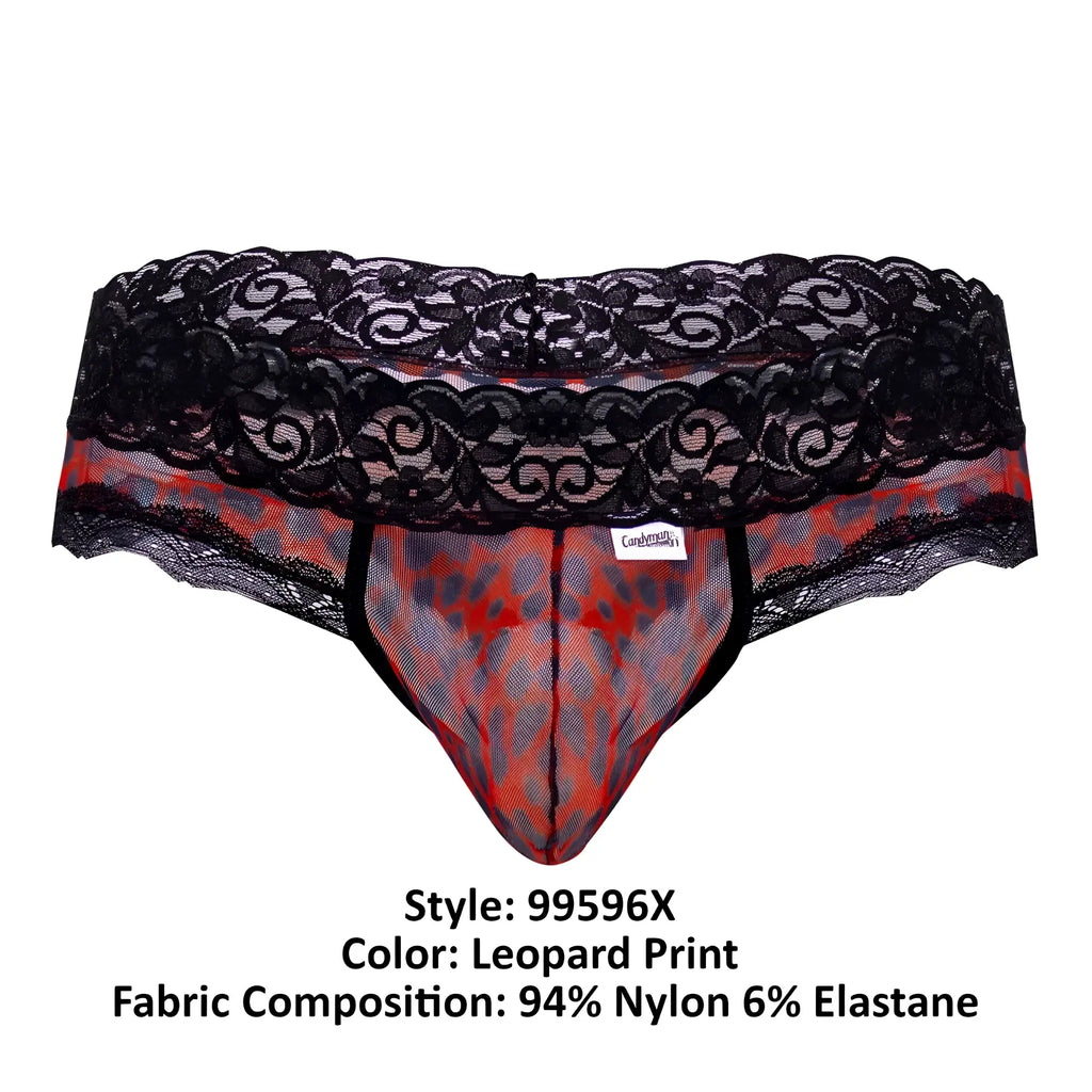 Black lace-trimmed mens briefs with red and gray leopard print mesh fabric from candyman 99596x collection