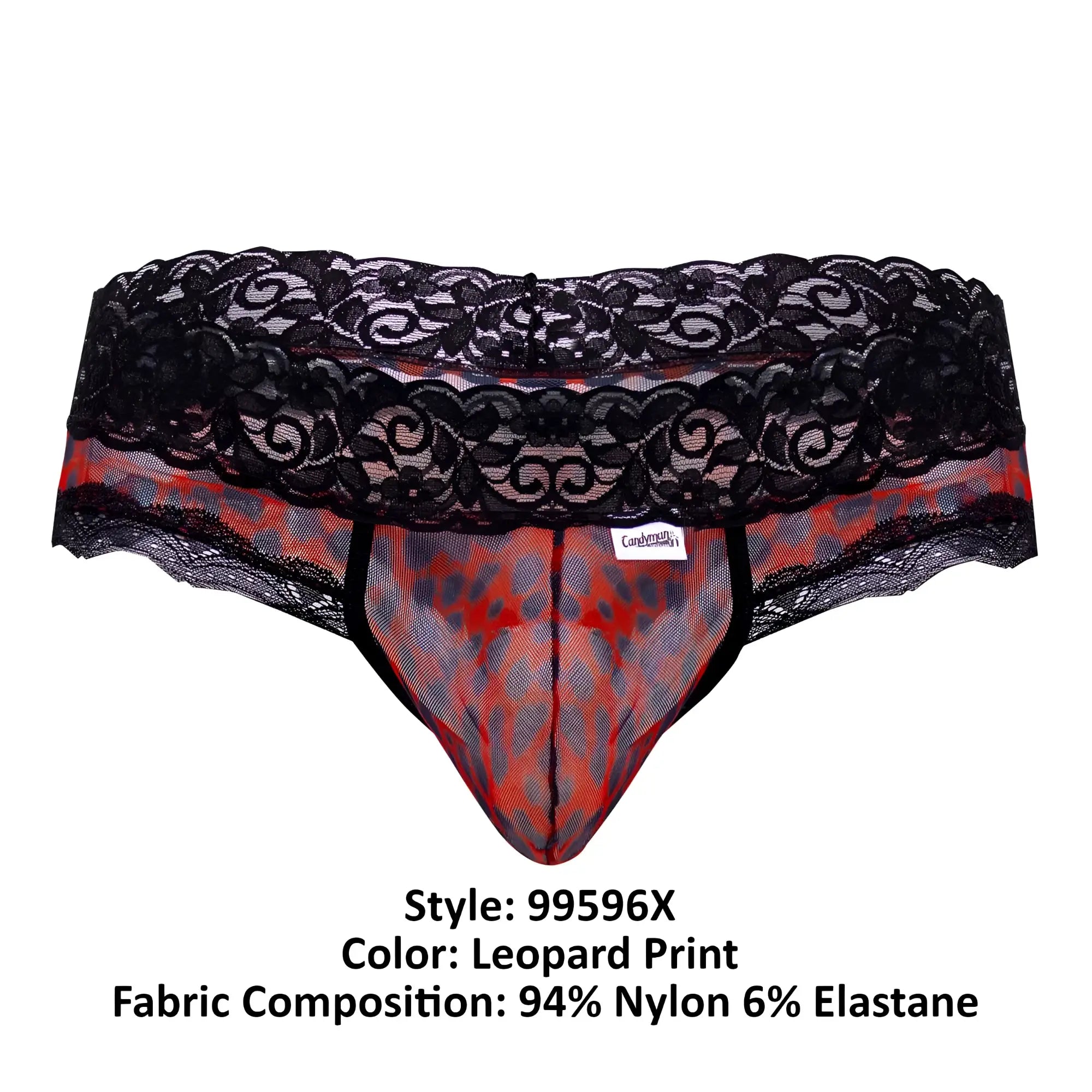 Black lace-trimmed mens briefs with red and gray leopard print mesh fabric from candyman 99596x collection