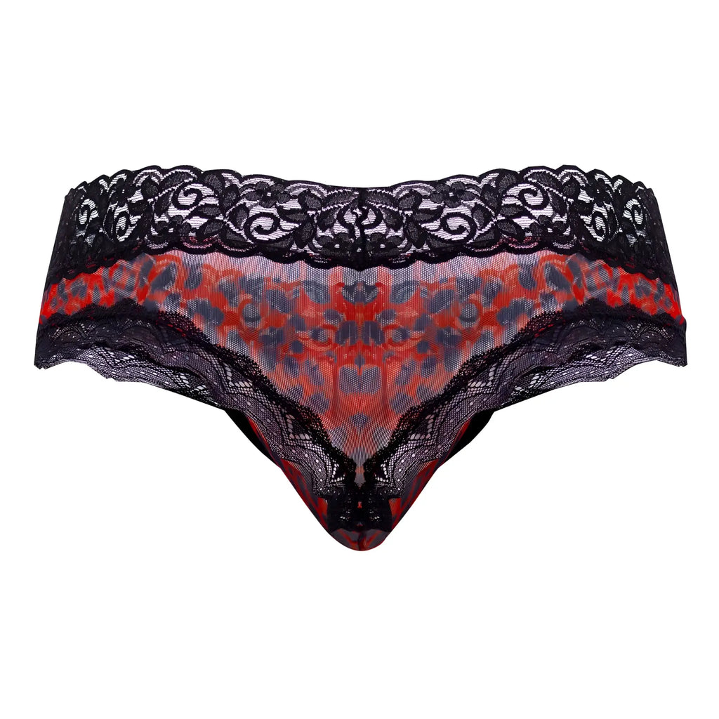 Black lace-trimmed CandyMan 99596X thong with vibrant red and gray leopard print mesh center front