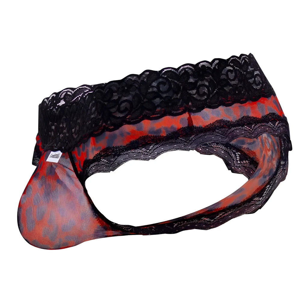 Red and black patterned lace-trimmed mesh men’s underwear candyMan 99596X mesh-lace thongs leopard print