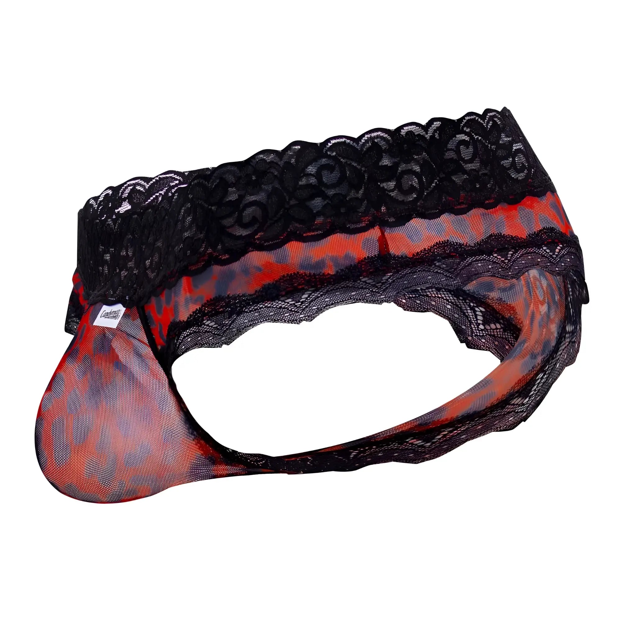 Red and black patterned lace-trimmed mesh men’s underwear candyMan 99596X mesh-lace thongs leopard print