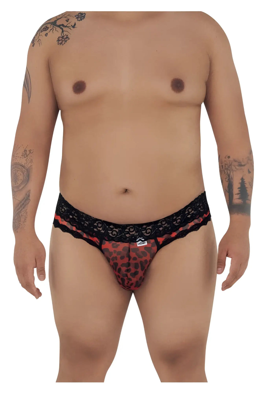 Red leopard-print briefs with black lace trim from candyman 99596x mesh-lace thongs collection