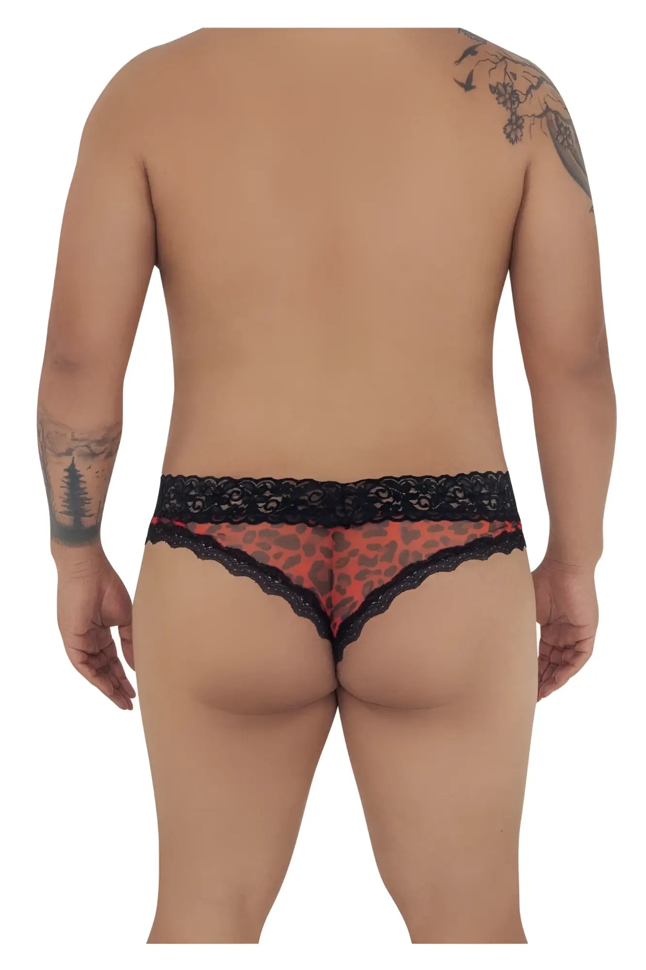 Red leopard print thong with black lace trim from candyman 99596x mesh lace thongs collection