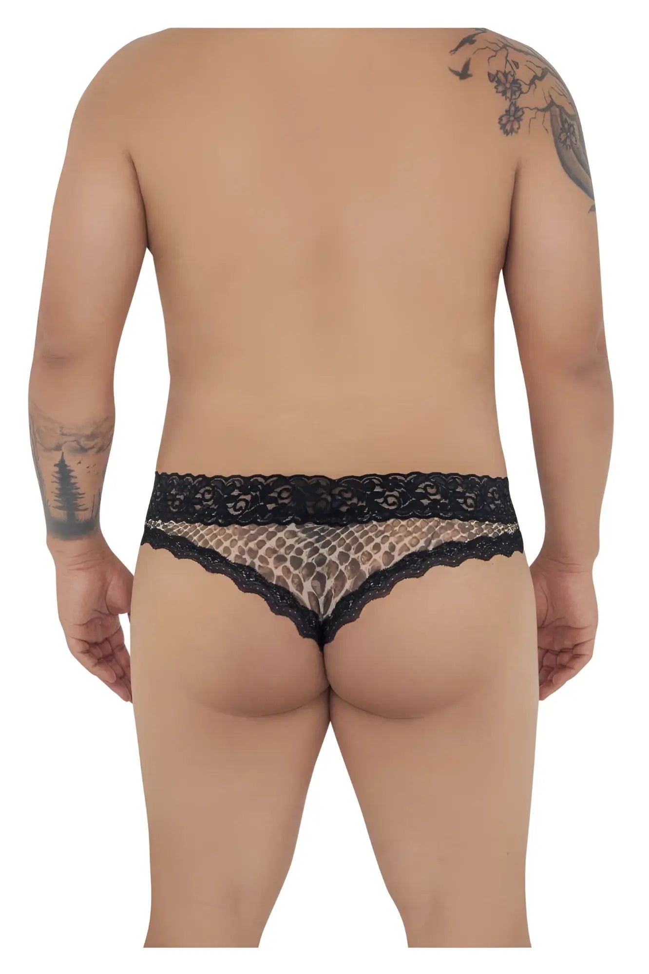 CandyMan 99596X mesh lace thongs in black lace-trimmed leopard print with snake print color detail