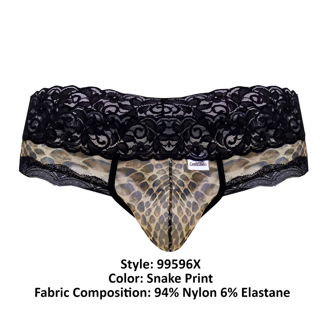 Black lace-trimmed mens briefs with tan and brown snake print mesh lace in candyMan 99596X color snake print