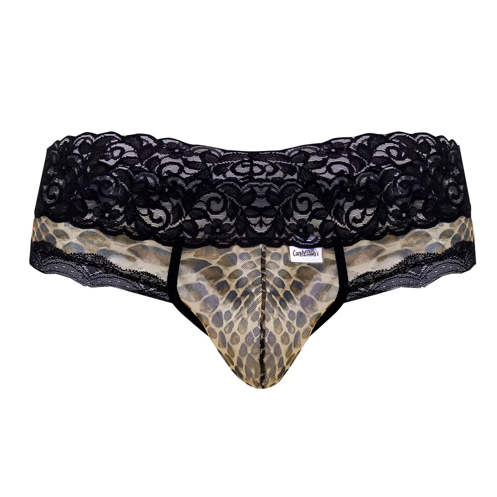 Black lace-trimmed mens briefs with tan and brown snake print front panel candy man 99596x mesh-lace thong