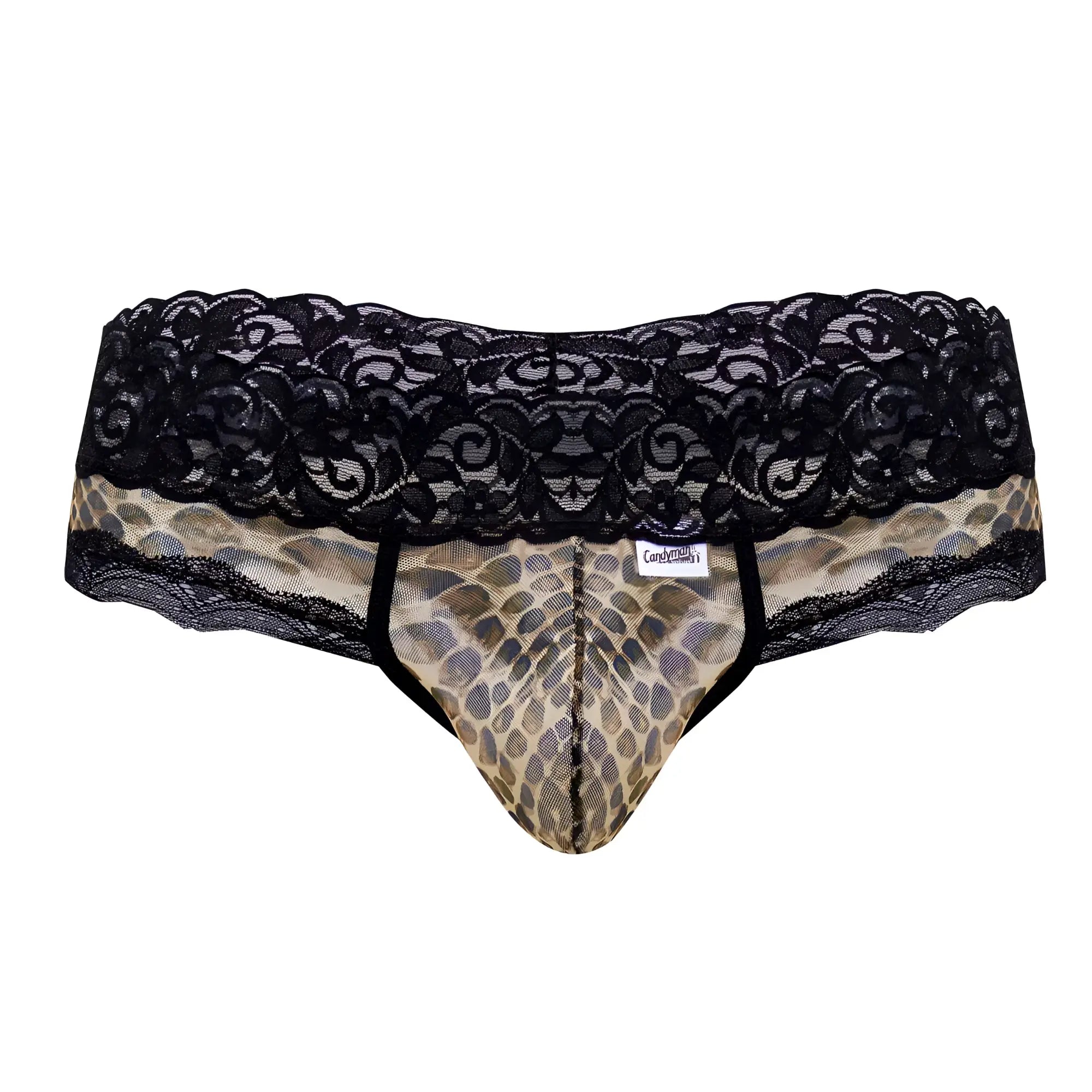 Black lace-trimmed mens briefs with tan and brown snake print front panel candy man 99596x mesh-lace thong