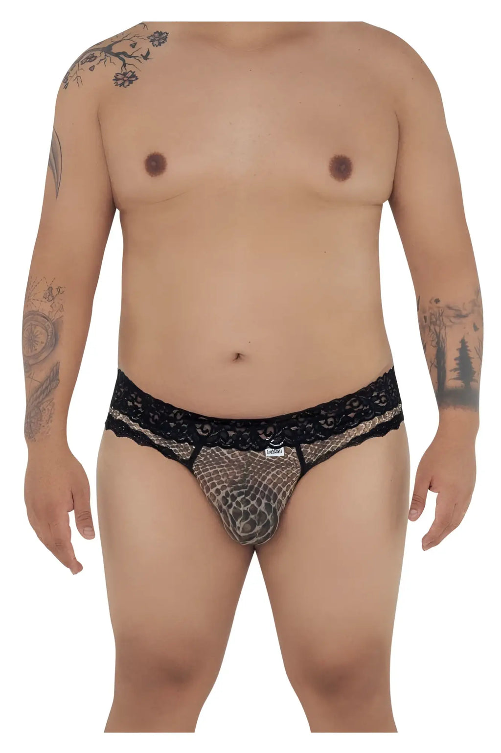 Black lace-trimmed mesh briefs with subtle snake print pattern from candyman 99596x mesh-lace thongs collection