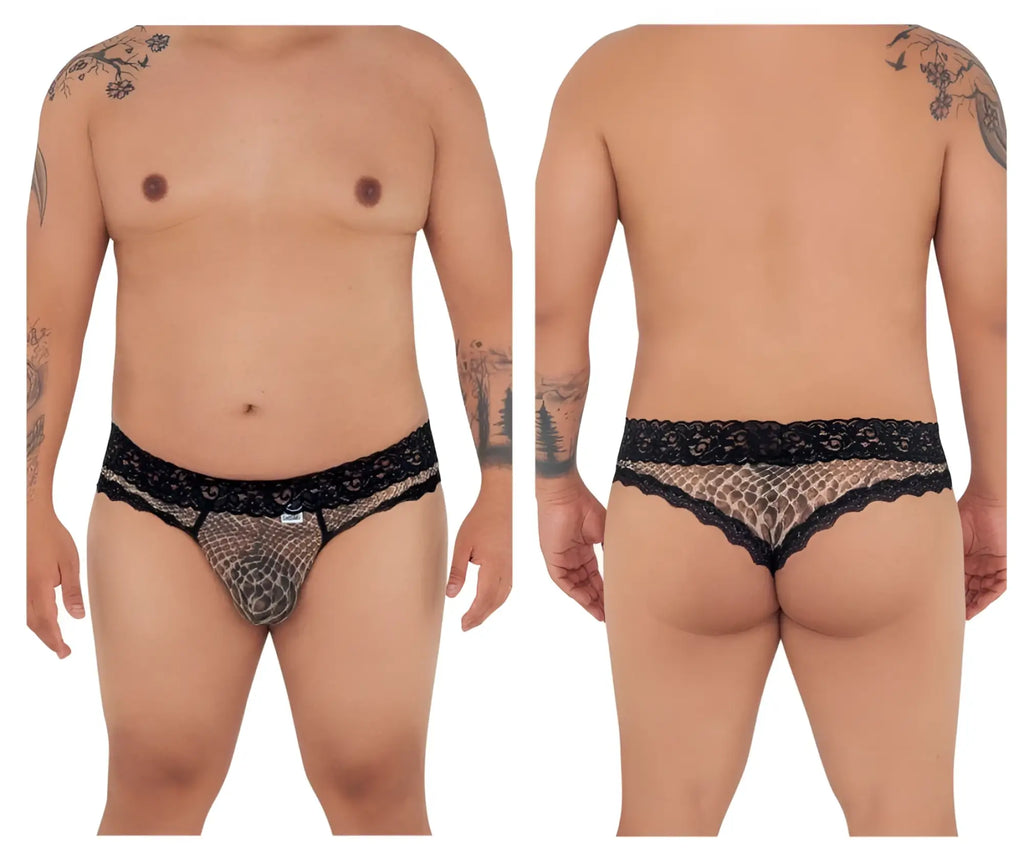 Black lace-trimmed mesh briefs with subtle snake-scale pattern in candyMan 99596X snake print color