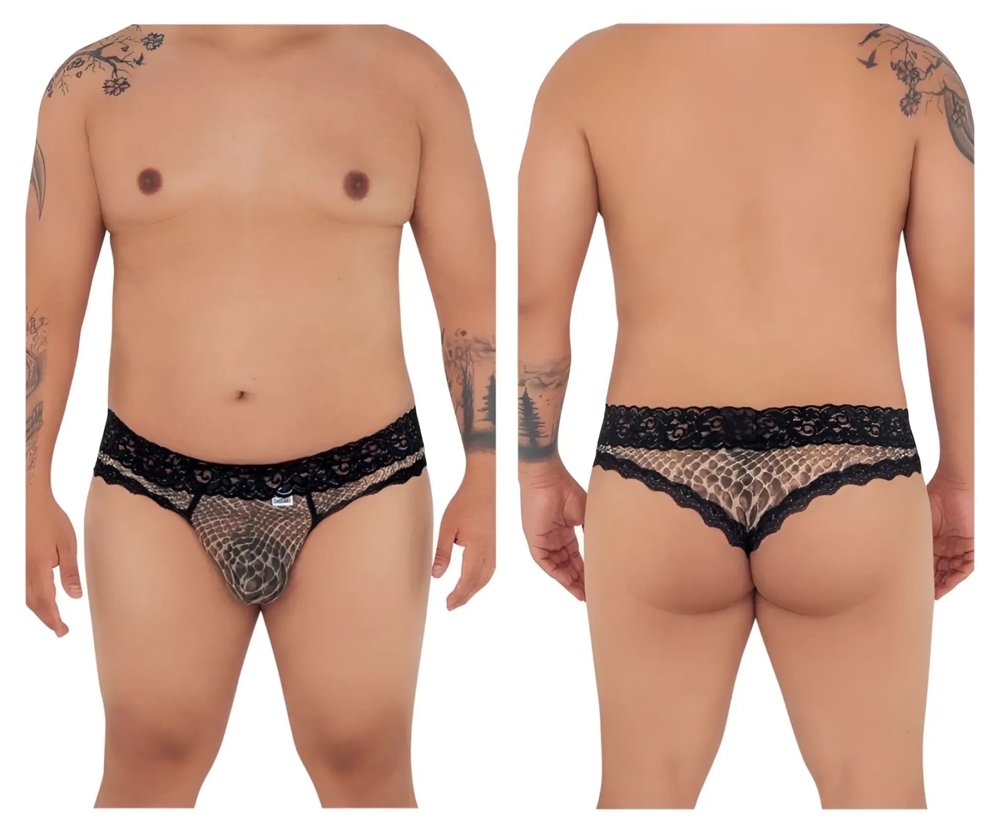 Black lace-trimmed mesh briefs with subtle snake-scale pattern in candyMan 99596X snake print color