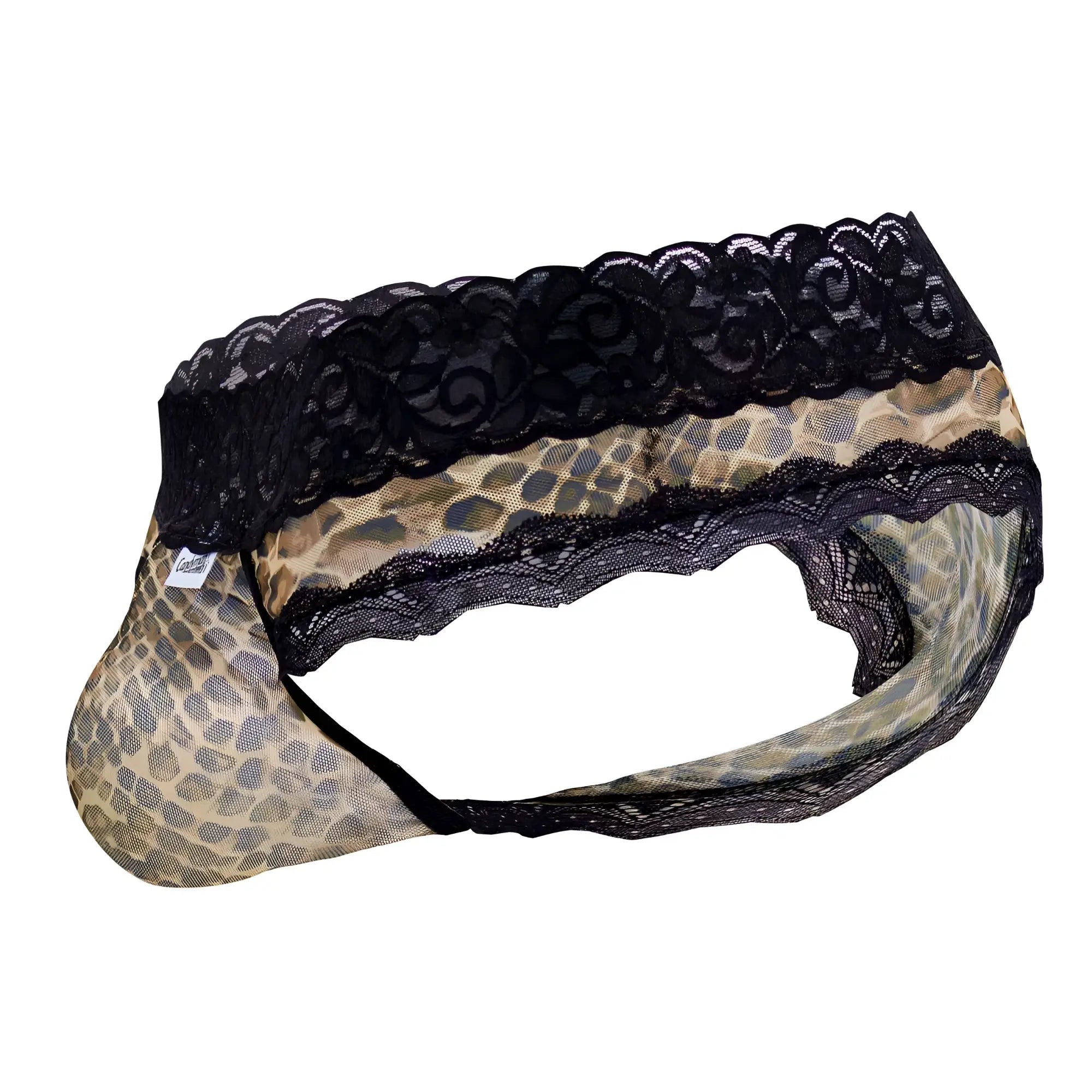 Leopard-print mesh-lace briefs with black lace trim from candyman 99596x mesh-lace thongs in snake print color