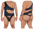 Black CandyMan 99597X one shoulder bodysuit with cut-out and gold chain detailing in a sleek swimsuit design
