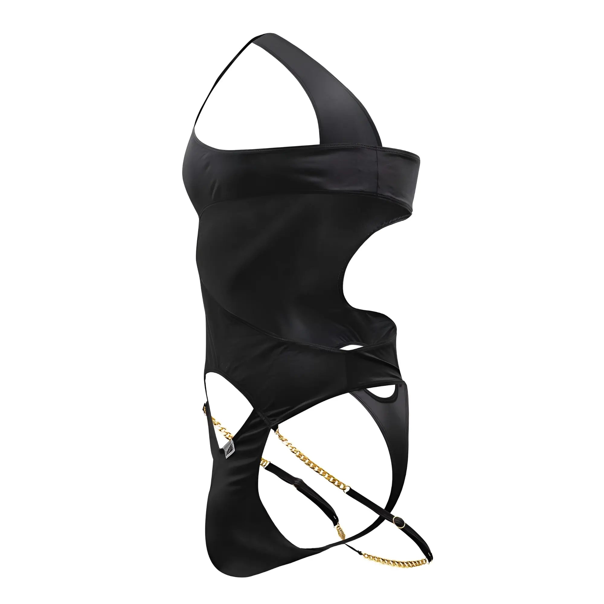 Black satin one shoulder bodysuit swimsuit with gold chain detailing candyMan 99597X color black