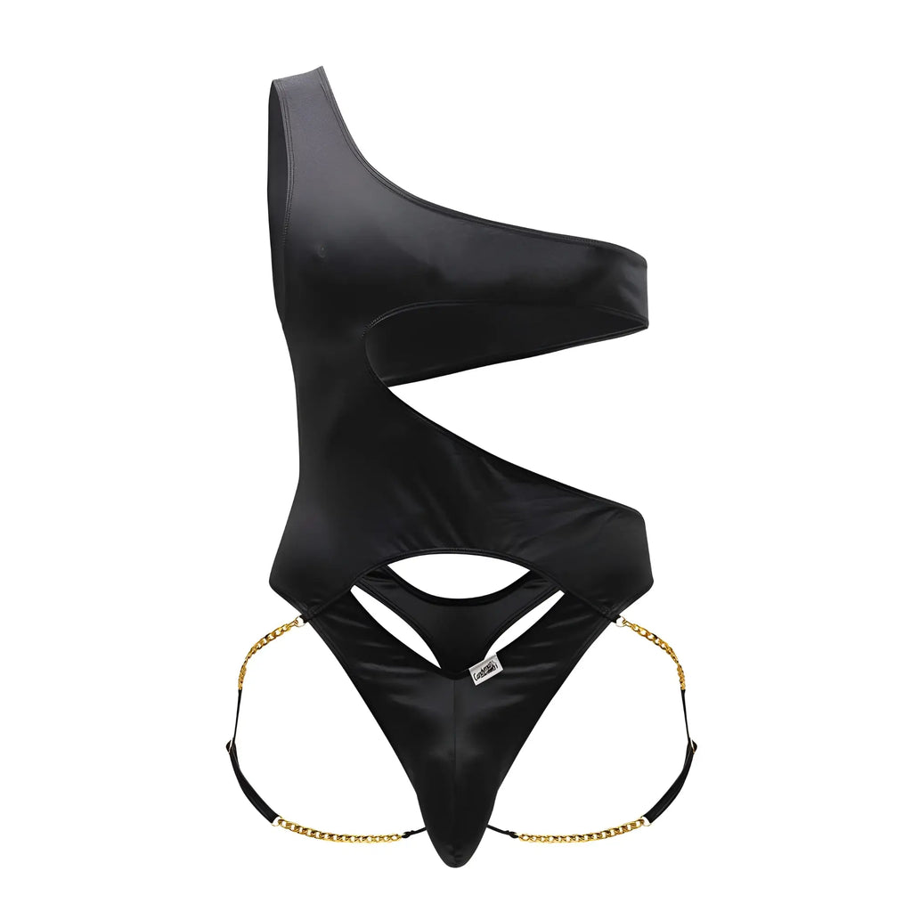 Black satin CandyMan 99597X one shoulder bodysuit with gold chain detailing at the hips