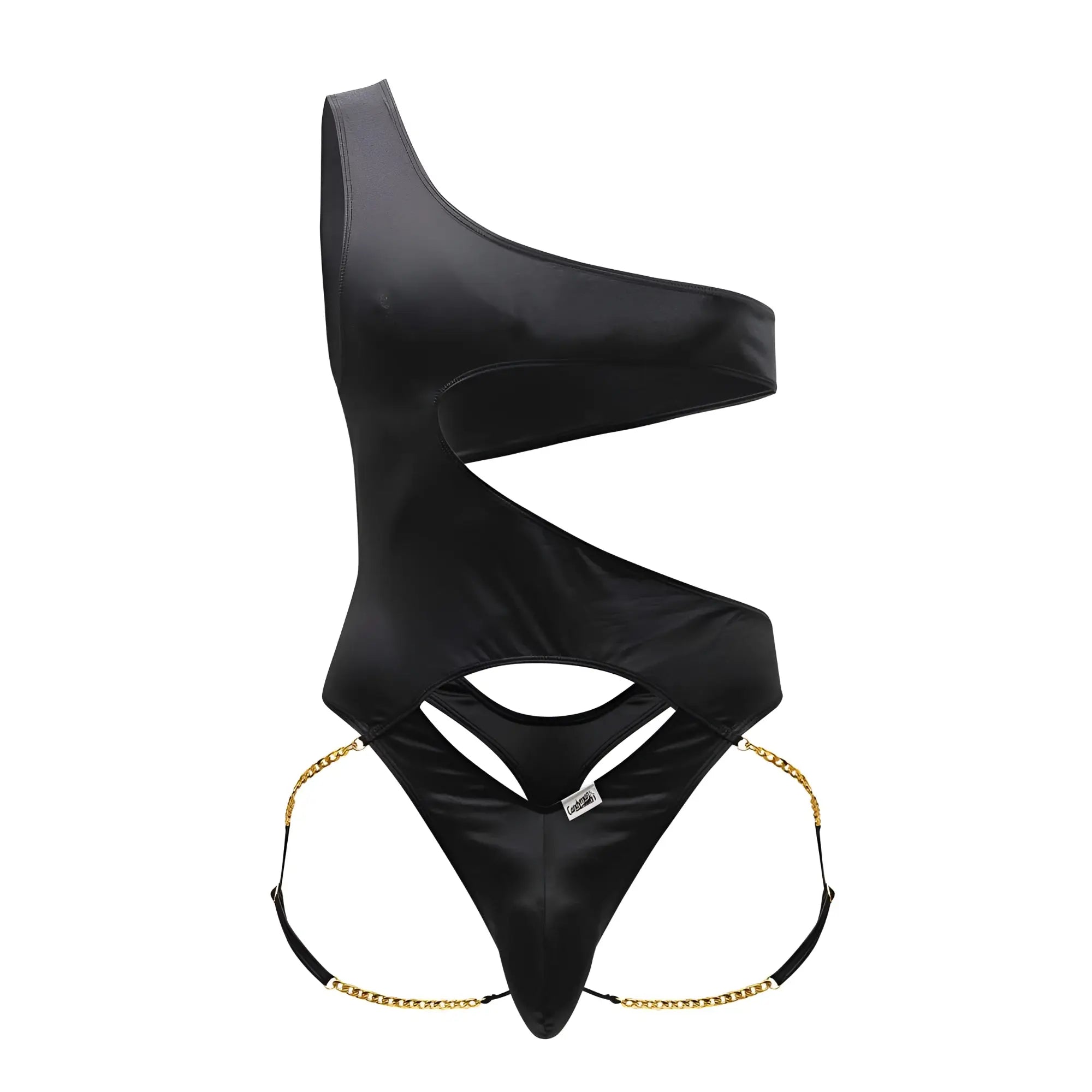 Black satin CandyMan 99597X one shoulder bodysuit with gold chain detailing at the hips
