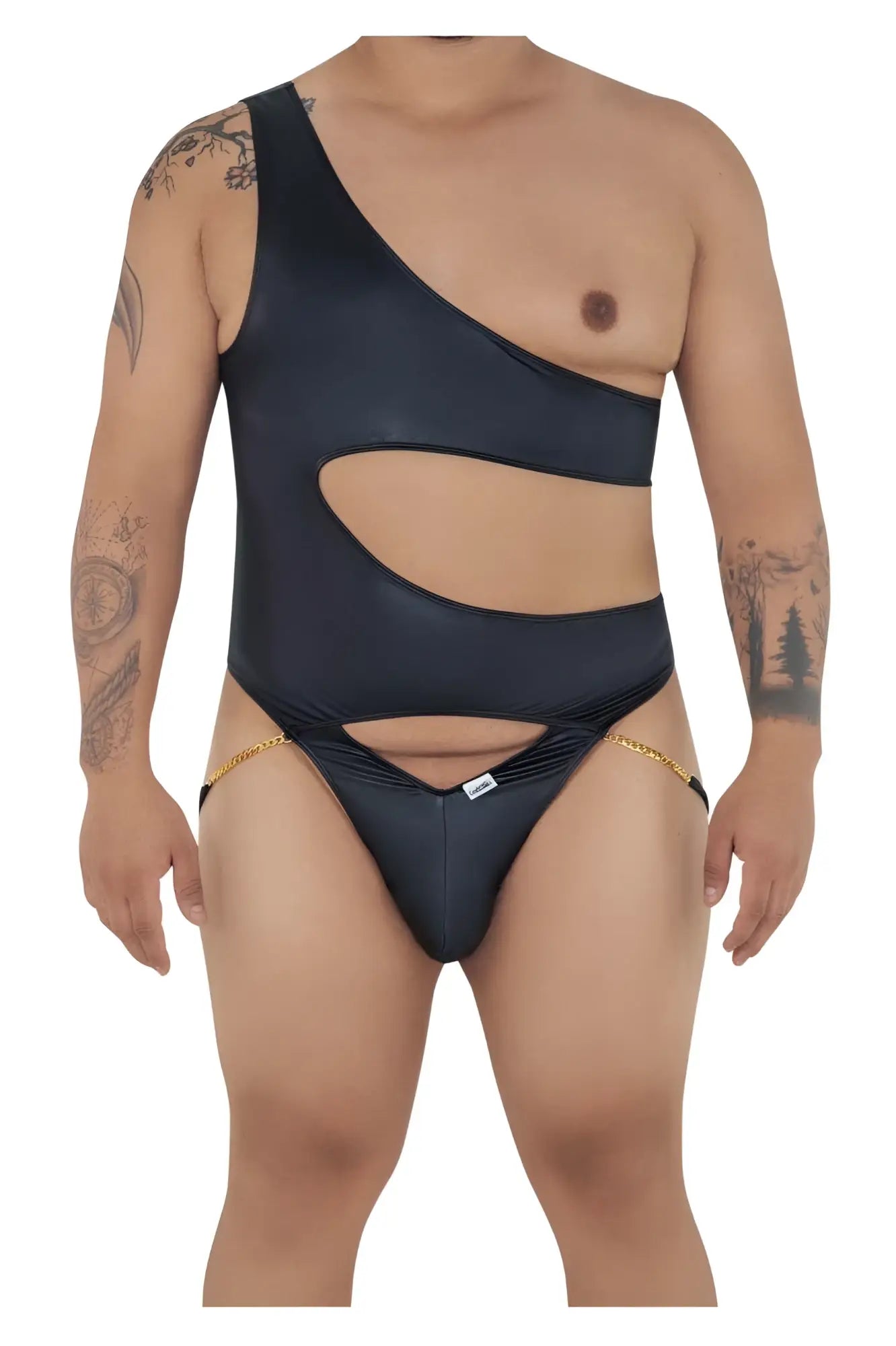 Black candyMan 99597X one shoulder bodysuit with cutout design and gold chain detailing for stylish swimwear
