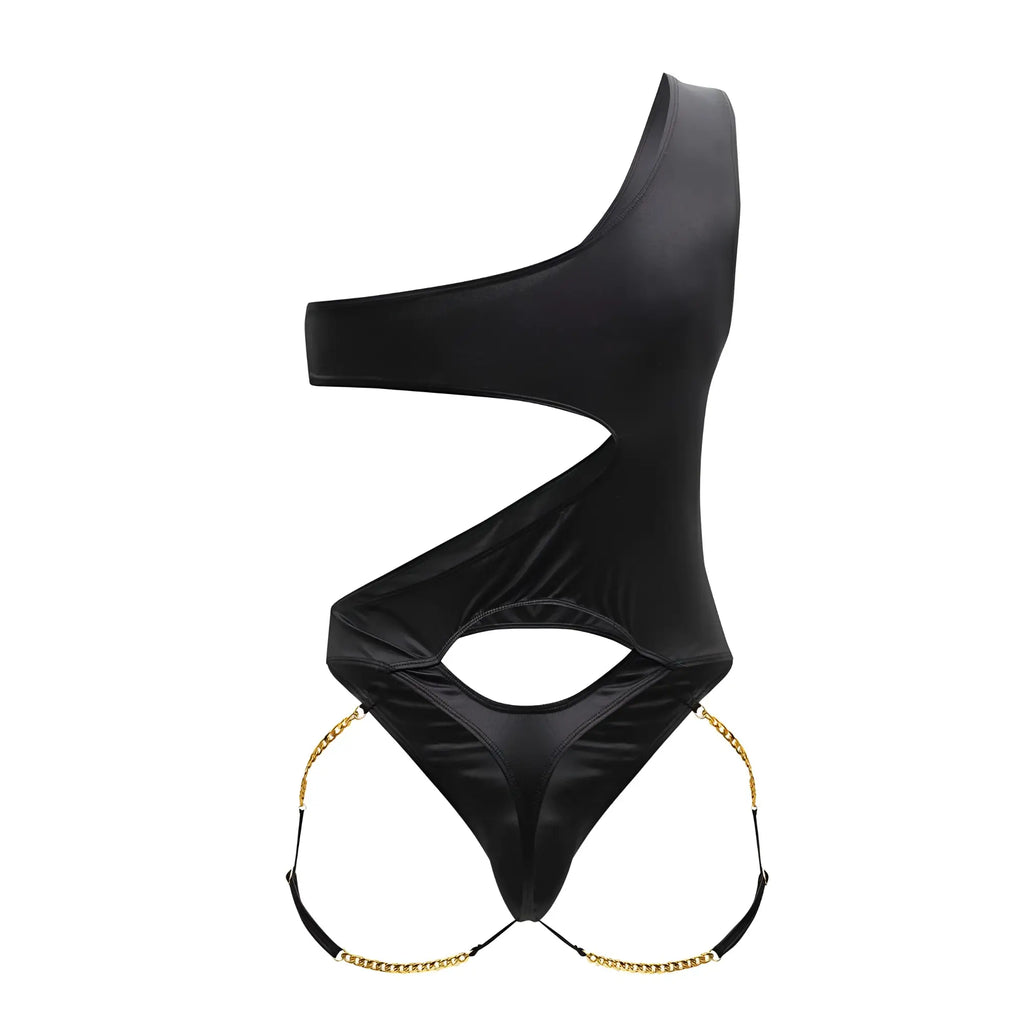 Black Candyman 99597X one shoulder bodysuit satin swimsuit with gold chain detailing at the hips