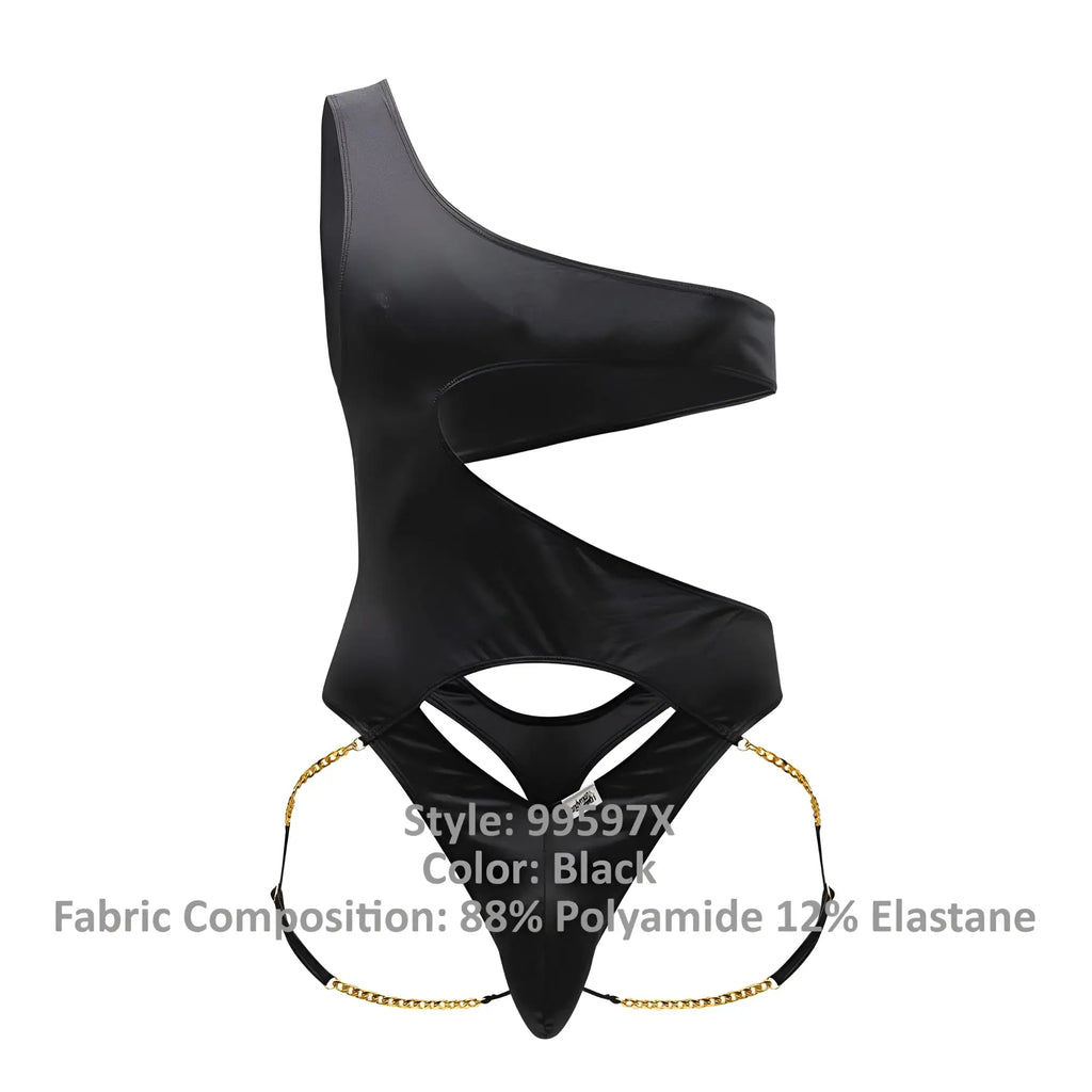 CandyMan 99597X black one-shoulder bodysuit with sleek glossy finish and gold chain detailing at the sides