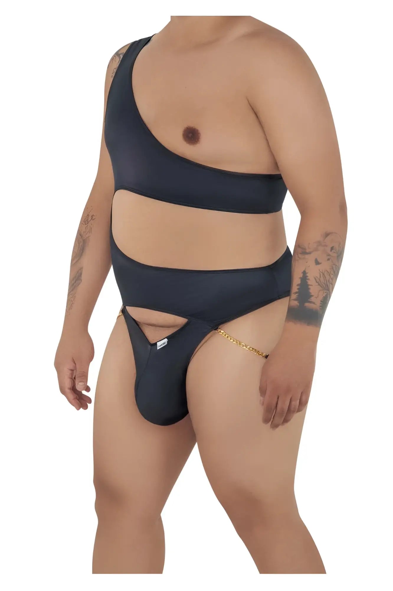 CandyMan 99597X black one-shoulder swimwear with cutout design and gold chain detail for stylish beachwear