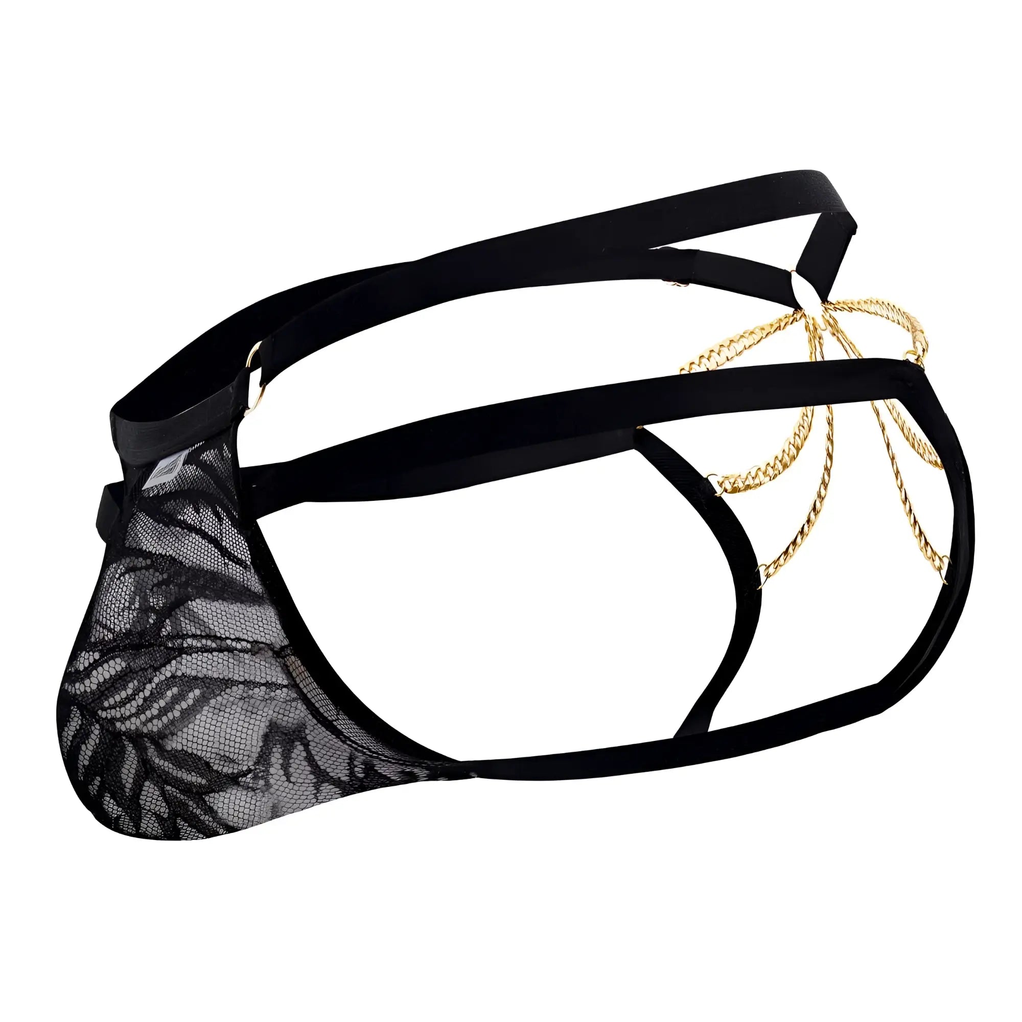 Black lace men’s bikini underwear with gold chain detailing candyMan 99598 lace and chain bikini color black
