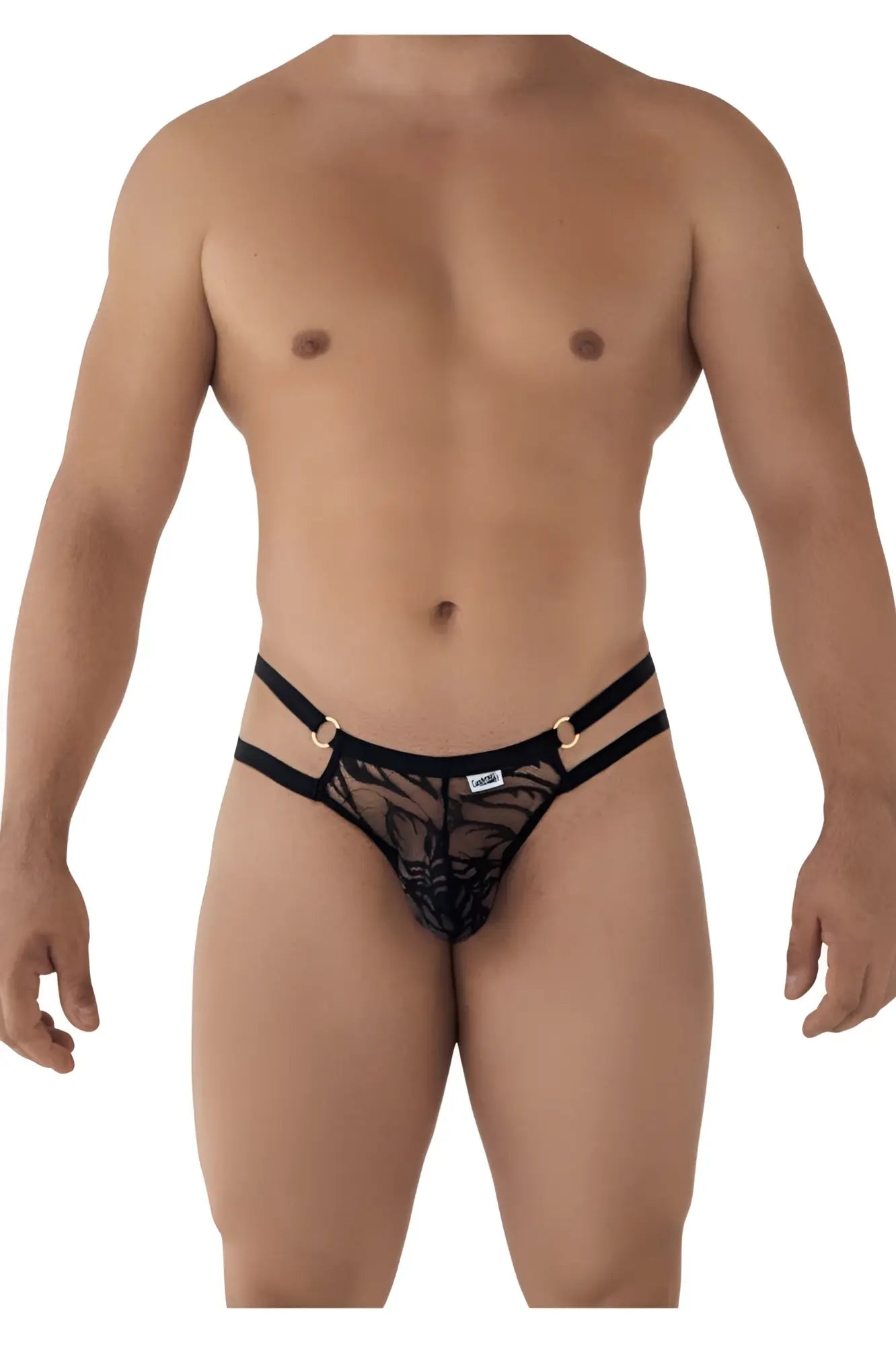 Black lace thong with floral pattern and adjustable straps from candyman 99598 lace and chain bikini color black