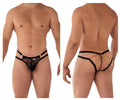Black lace thong with gold chain detailing and adjustable straps shown from the back in candyMan 99598 lace bikini