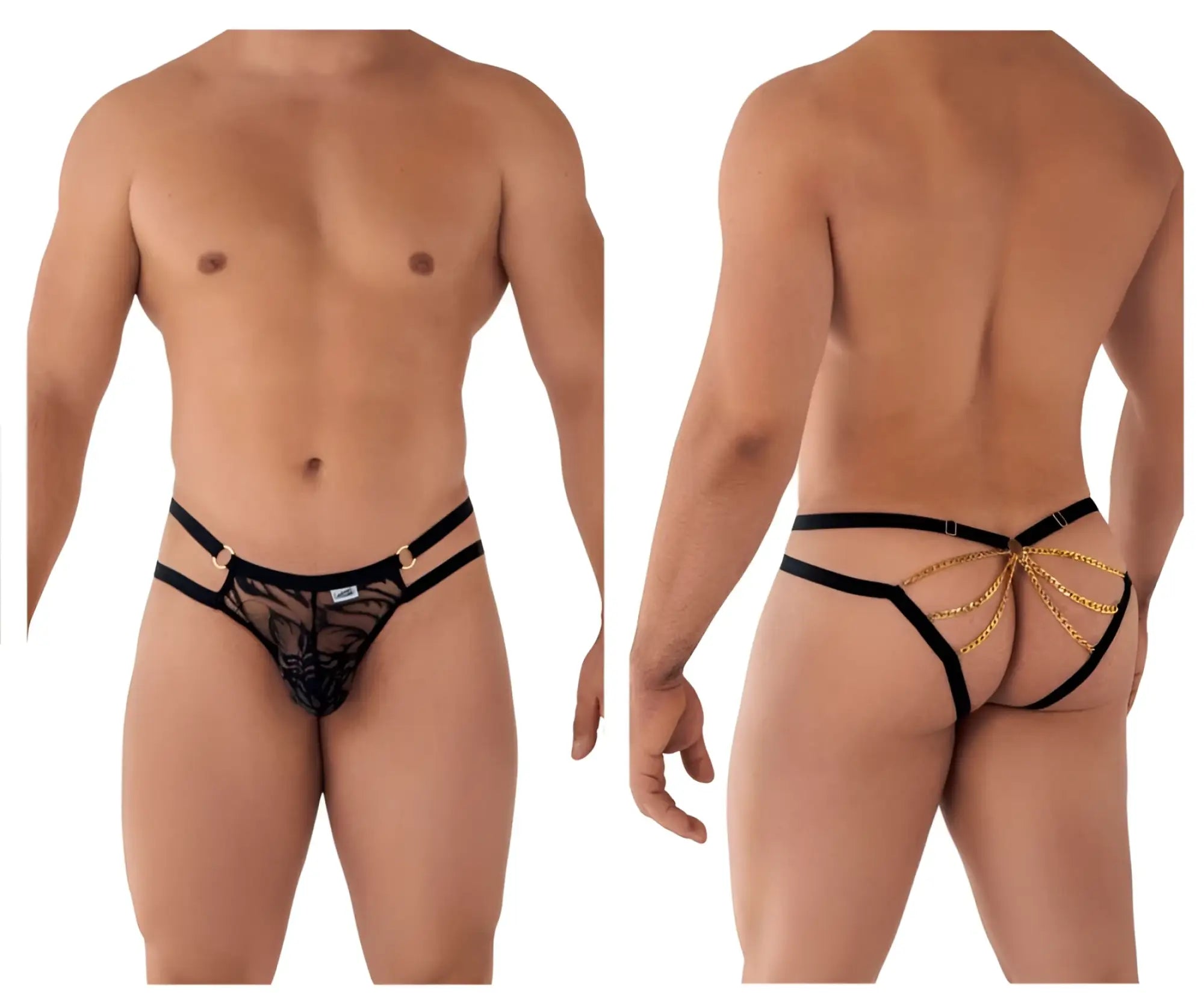 Black lace thong with gold chain detailing and adjustable straps shown from the back in candyMan 99598 lace bikini