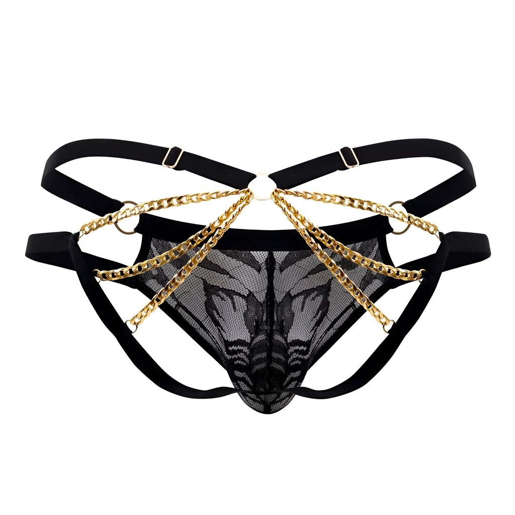 Black lace thong bikini with gold chain detailing and adjustable straps from candyman 99598 lace and chain collection