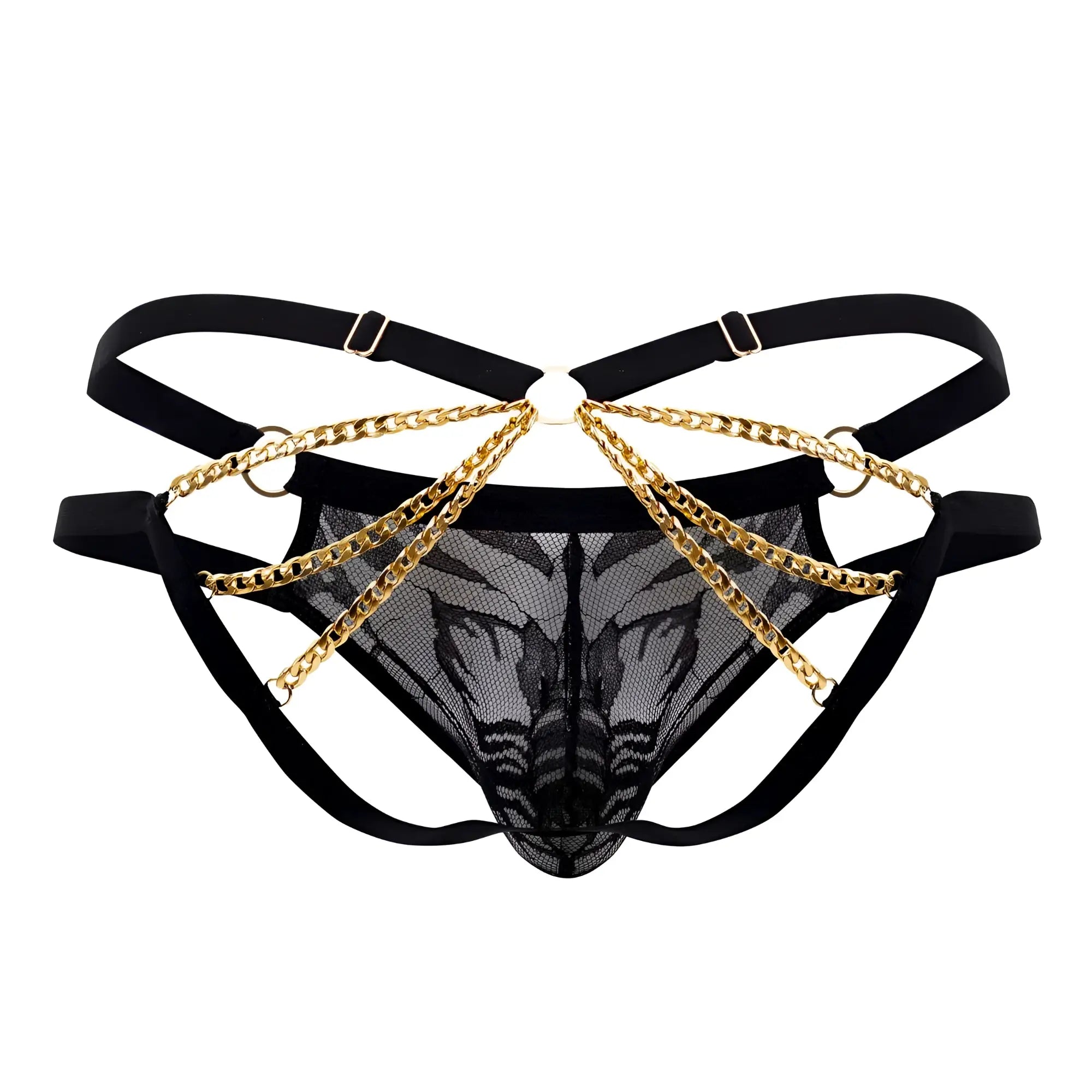 Black lace thong bikini with gold chain detailing and adjustable straps from candyman 99598 lace and chain collection