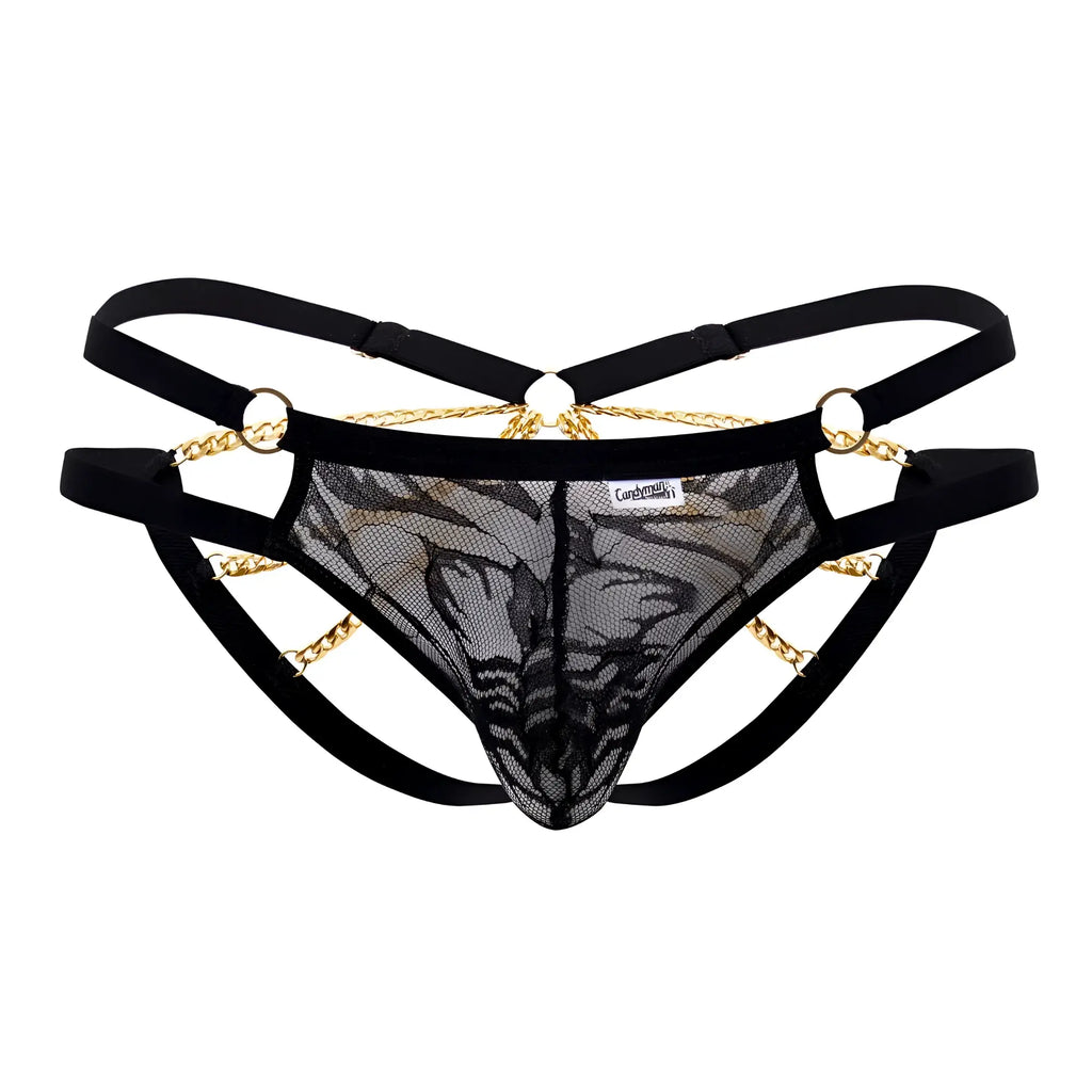 Black lace thong bikini with gold chain detailing and adjustable black straps from candyman 99598 lace and chain series