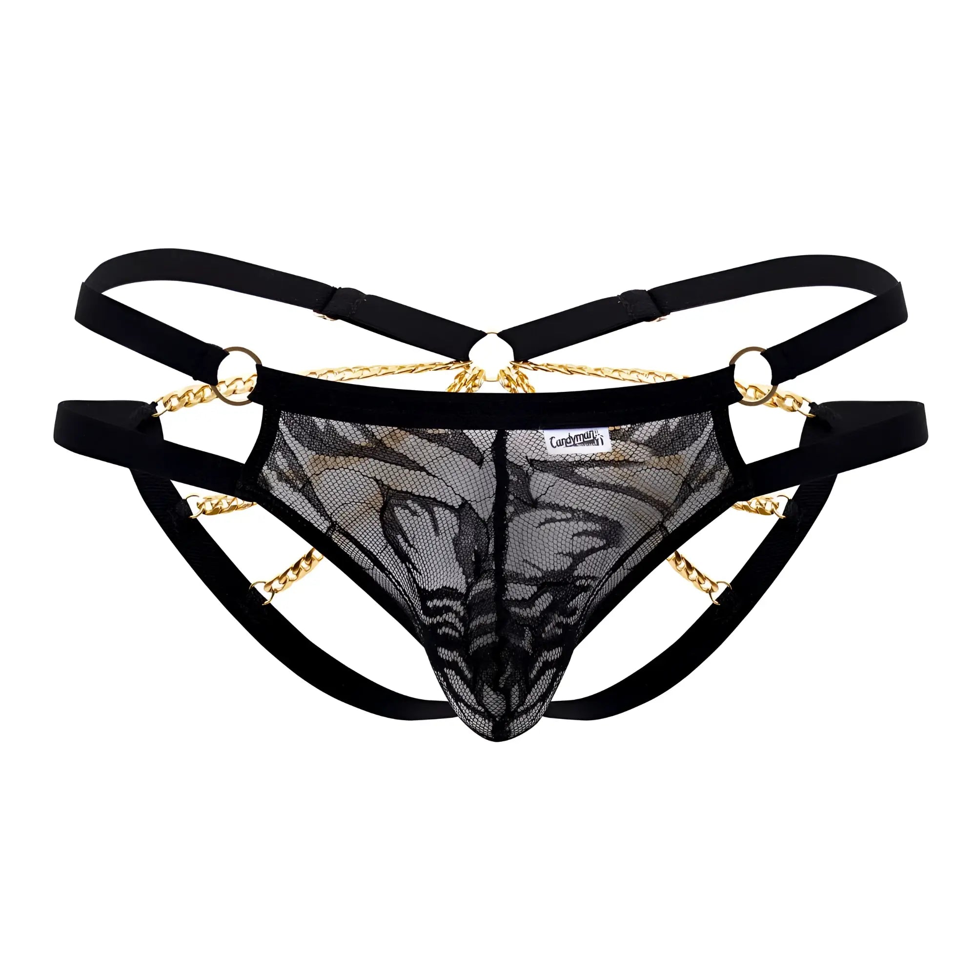 Black lace thong bikini with gold chain detailing and adjustable black straps from candyman 99598 lace and chain series