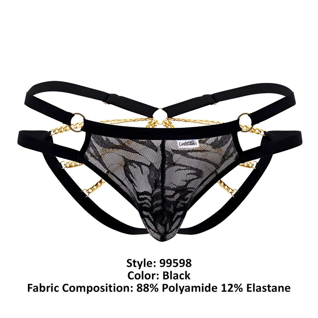 Black lace thong bikini with gold chain detailing and adjustable straps from candyman 99598 lace and chain collection