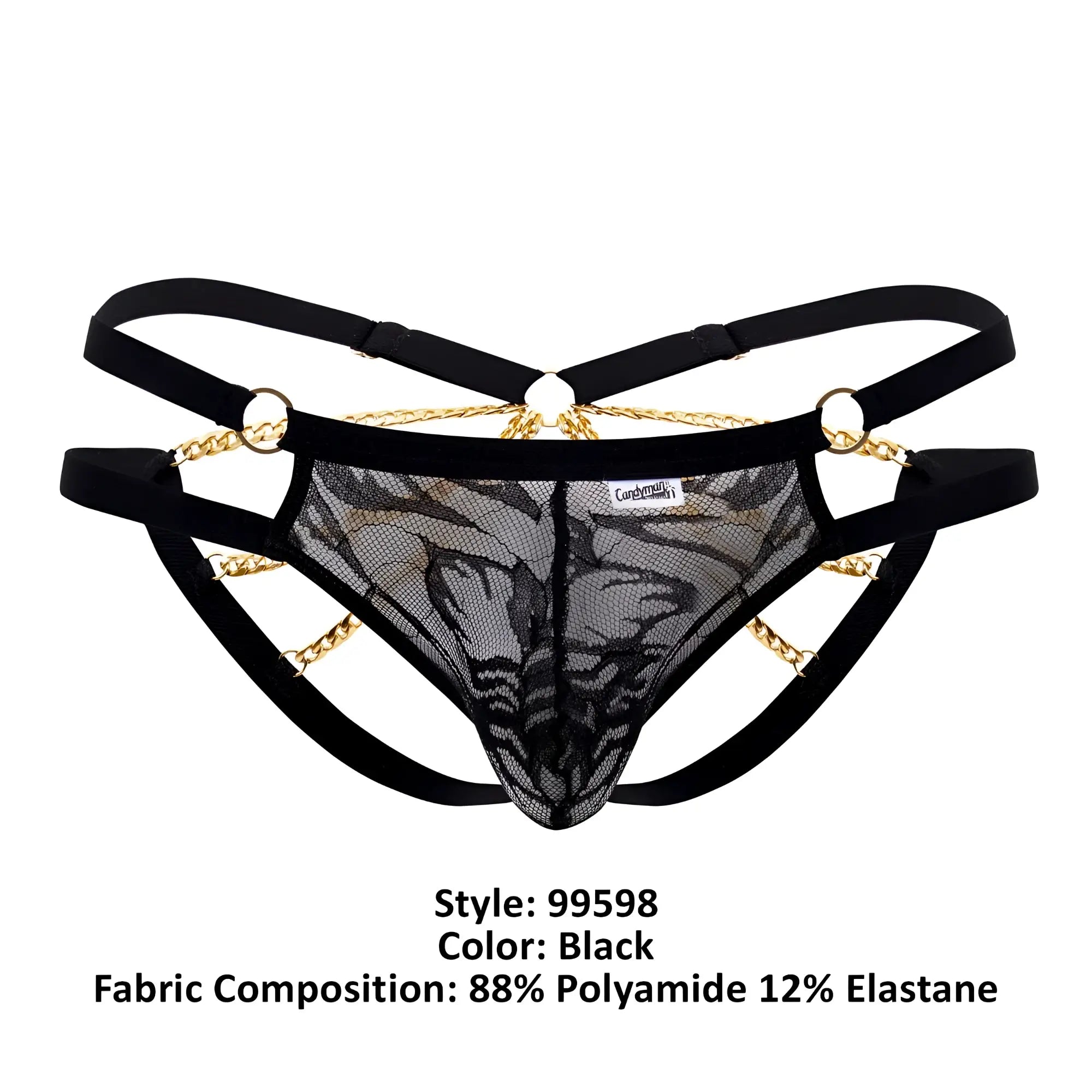 Black lace thong bikini with gold chain detailing and adjustable straps from candyman 99598 lace and chain collection