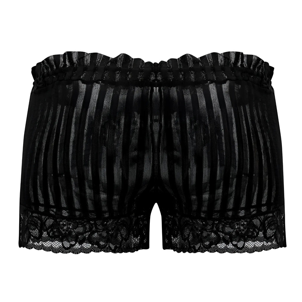 Black lace lounge pajama shorts with ruffled elastic waistband and floral trim candy man 99601x in black