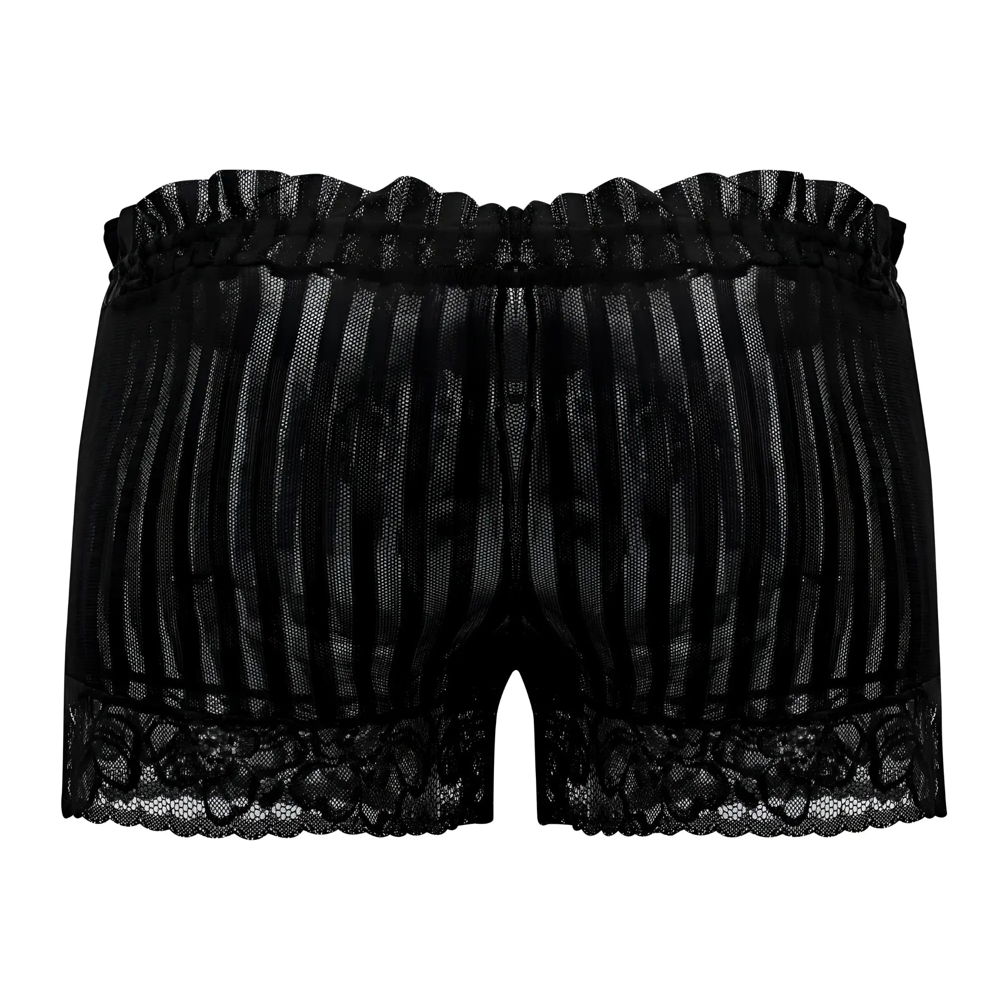 Black lace lounge pajama shorts with ruffled elastic waistband and floral trim candy man 99601x in black