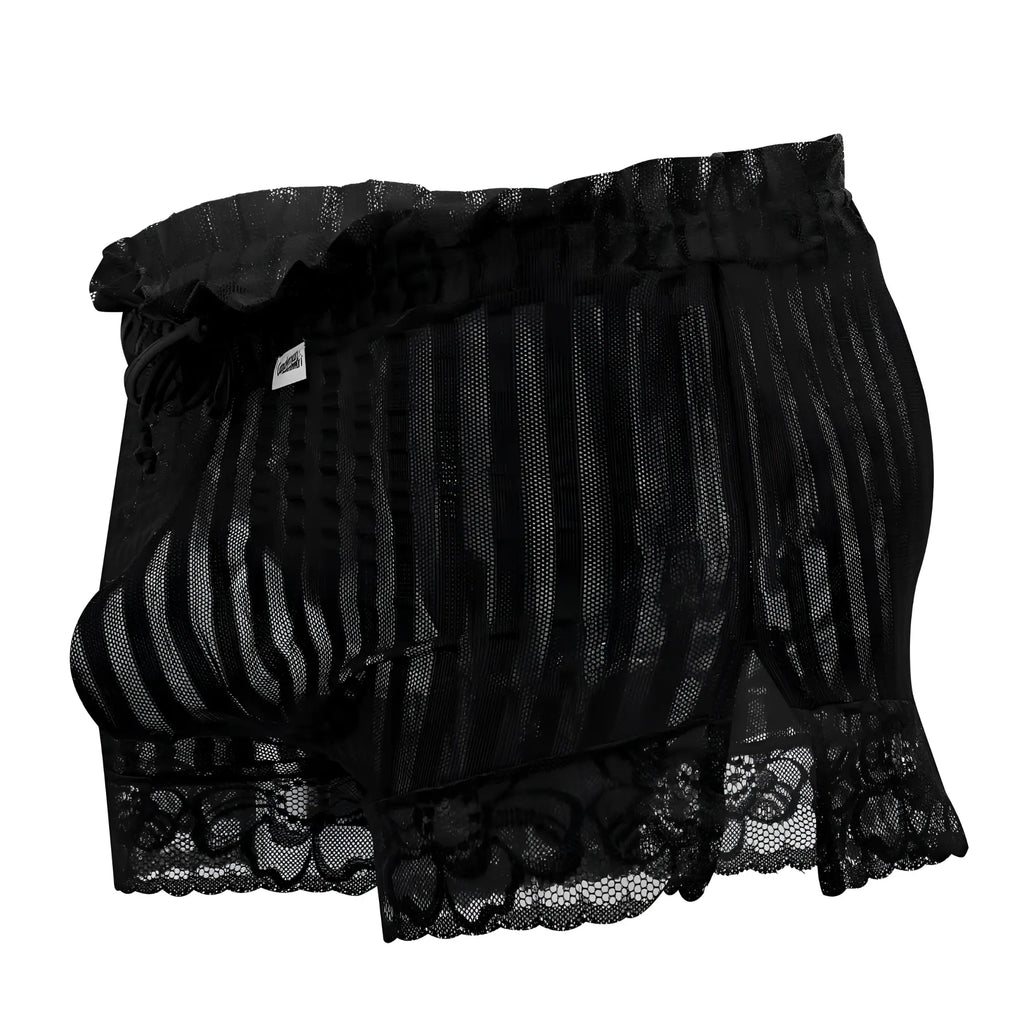 Black lace-trimmed mesh CandyMan 99601X lounge pajama shorts in black with ruffled elastic waistband and vertical stripes