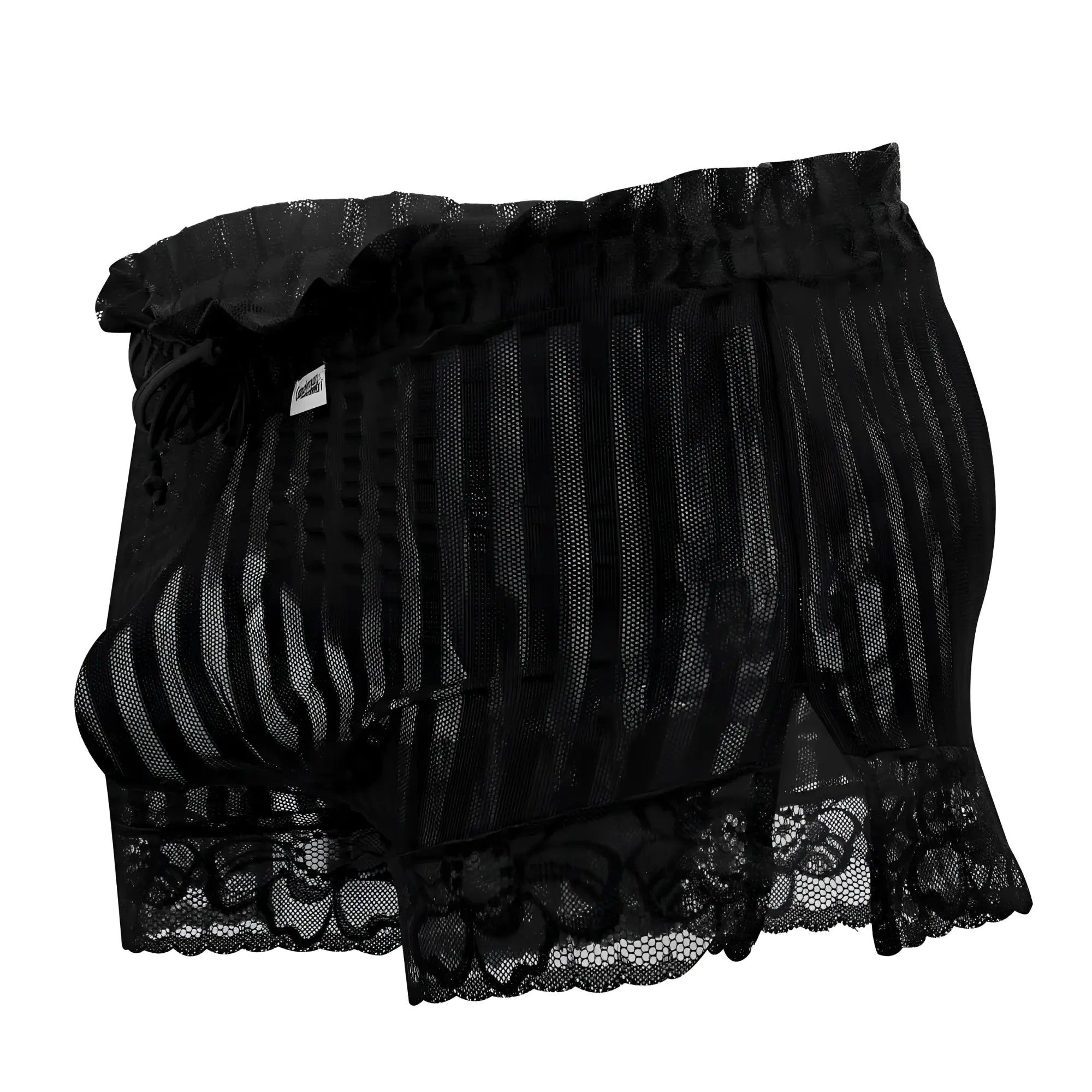 Black lace-trimmed mesh CandyMan 99601X lounge pajama shorts in black with ruffled elastic waistband and vertical stripes