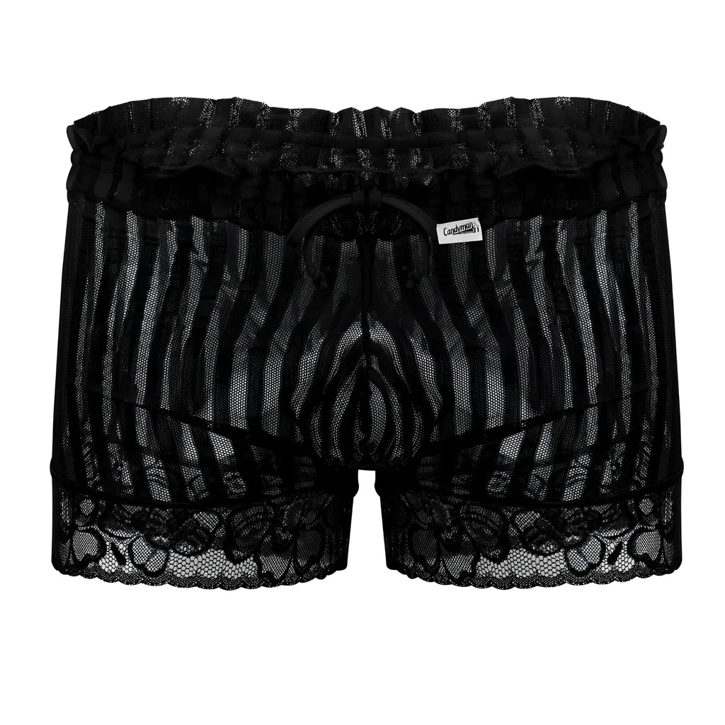 Black candyMan 99601X lounge pajama shorts with lace-trimmed mesh fabric ruffled waistband and drawstring closure