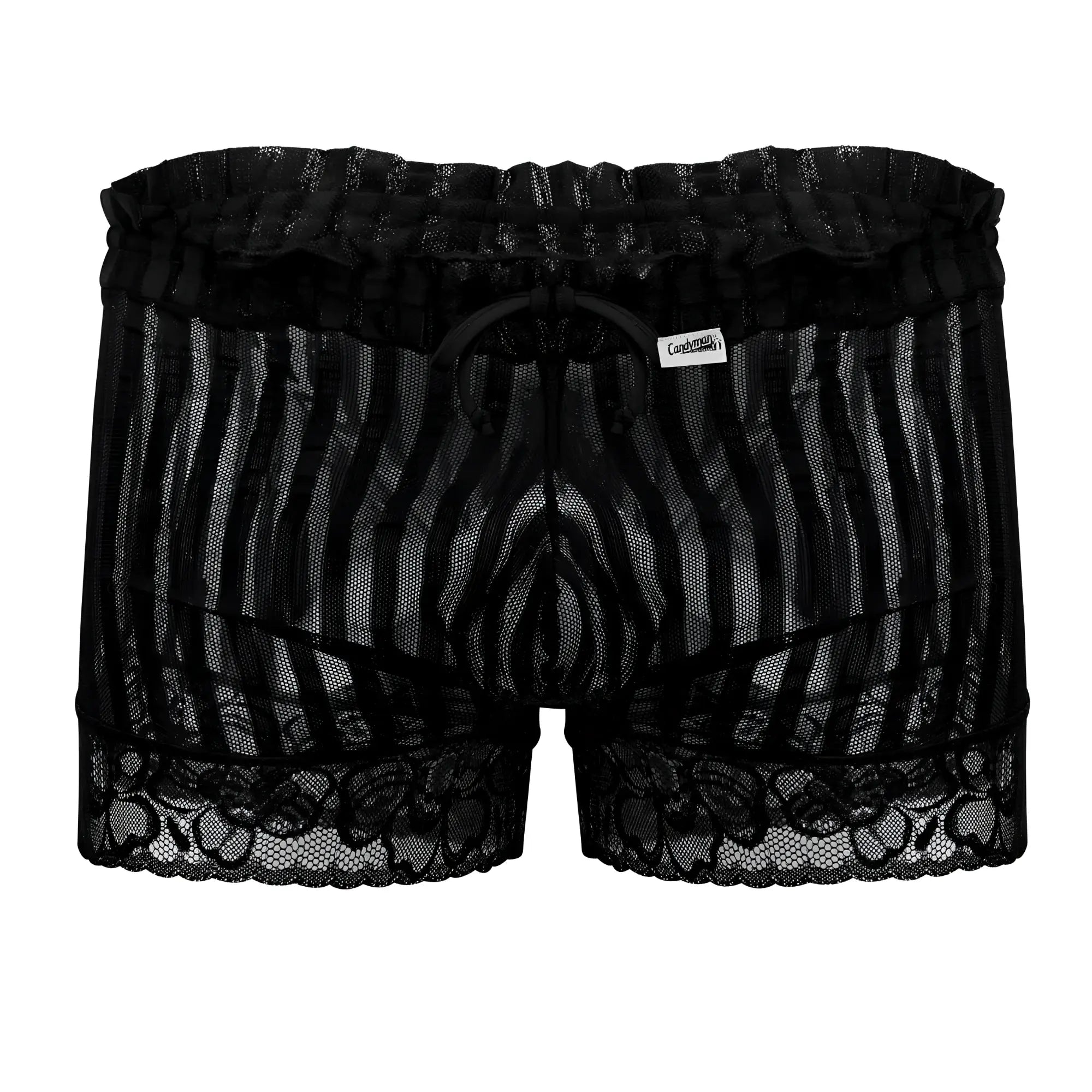 Black candyMan 99601X lounge pajama shorts with lace-trimmed mesh fabric ruffled waistband and drawstring closure