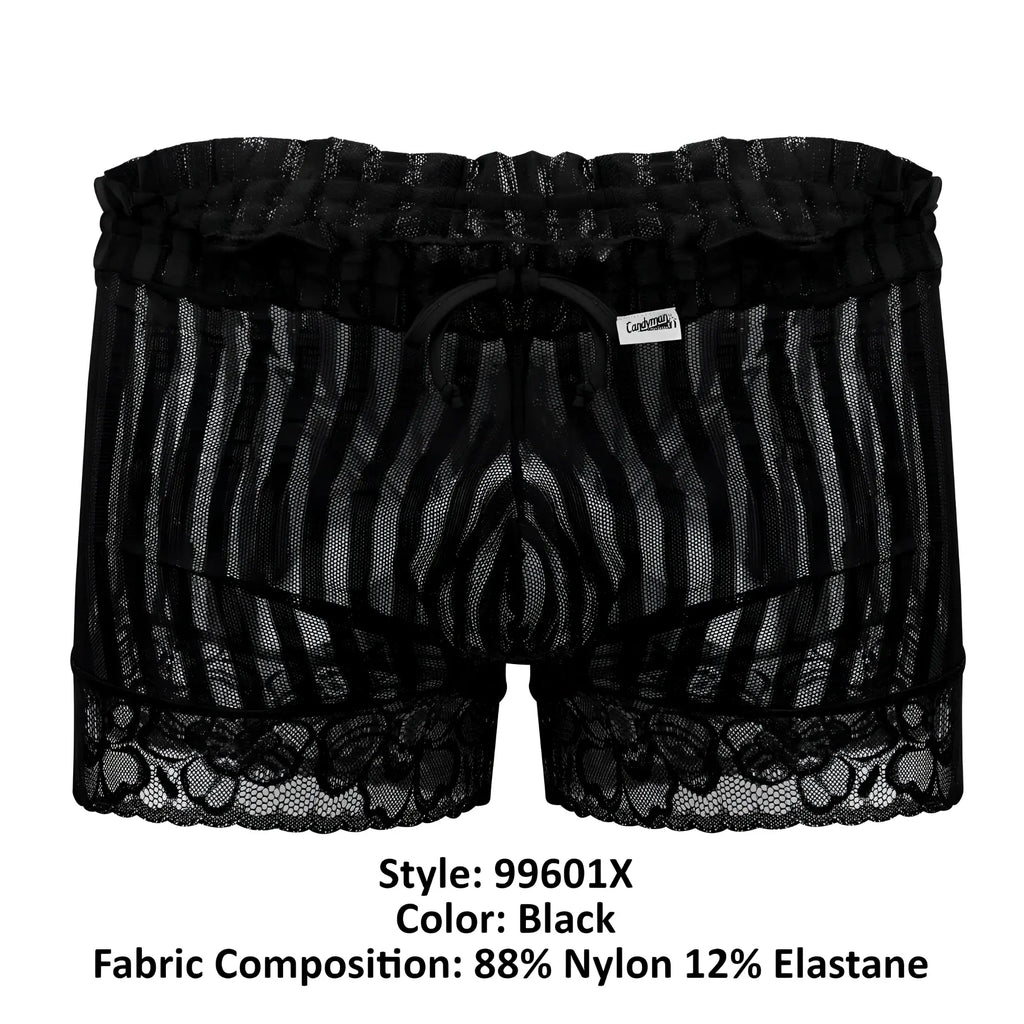 Candyman 99601x black lounge pajama shorts with black lace-trimmed mesh briefs and vertical striped pattern